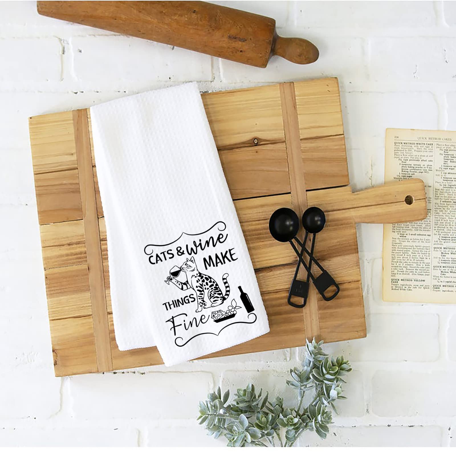Waffle Weave Kitchen Towel - Cats and Wine Design - Perfect Housewarming Gift for Wine & Cat Lovers | Absorbent & Durable for Kitchen, Dining, and Hosting