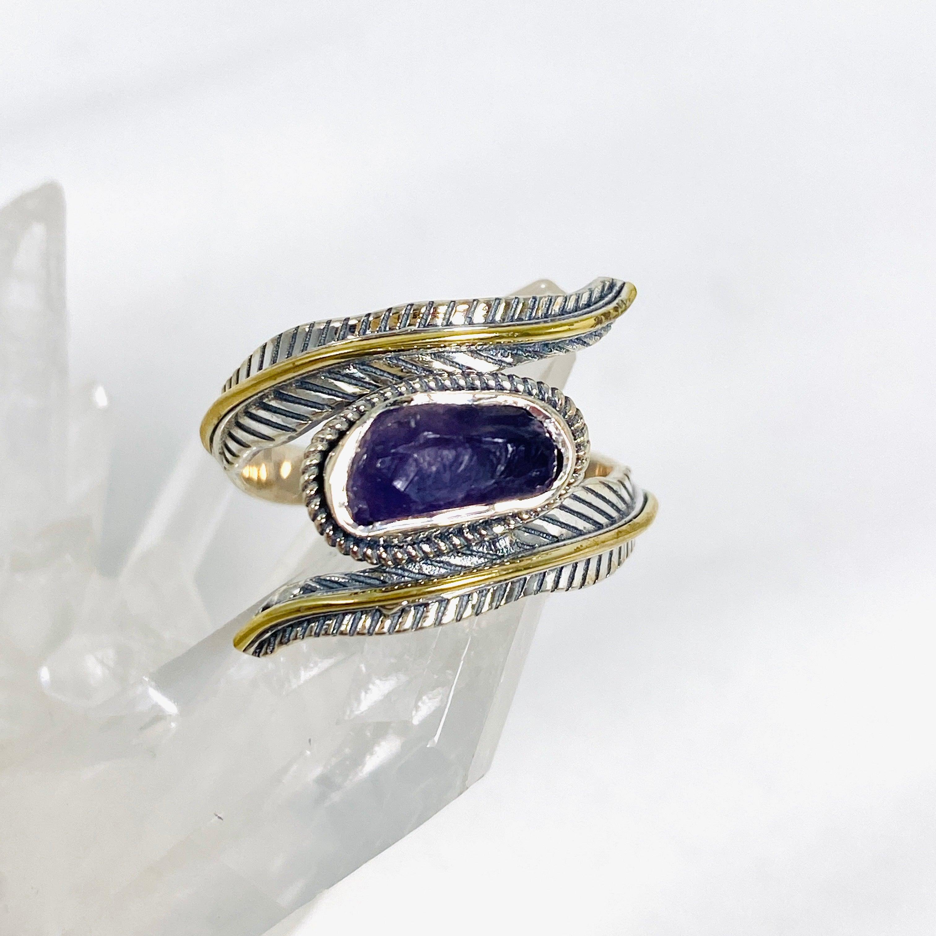 Natural Amethyst Leaf Raw Stone Ring R4224 - Handmade Bohemian Jewelry for Women, Perfect for Boho Chic, Festivals & Everyday Wear
