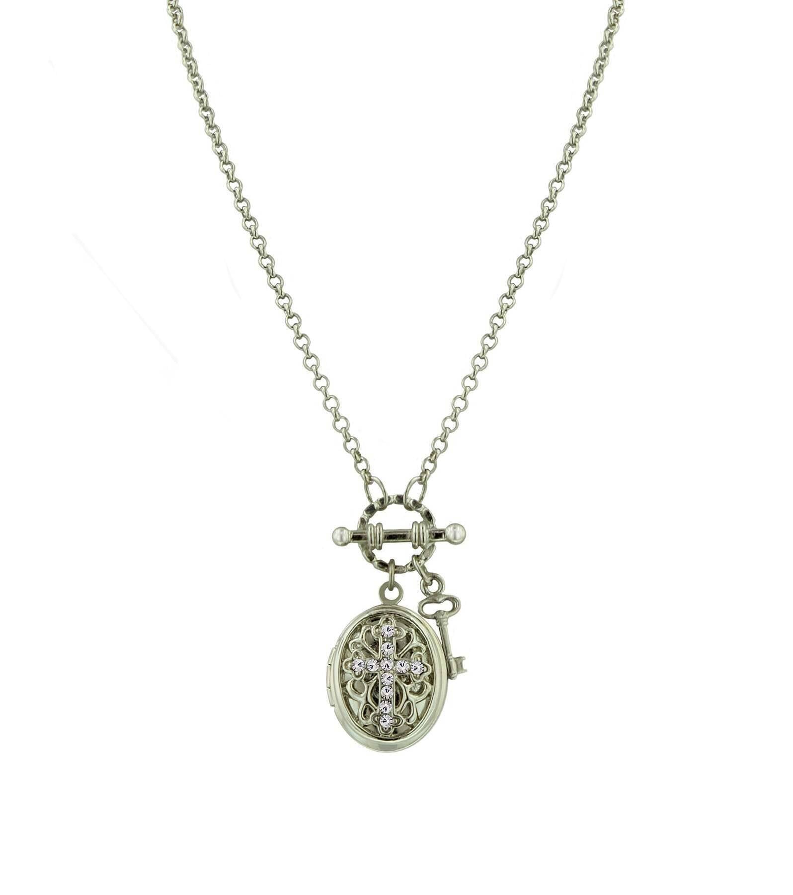 1928 Birthstone Cross Locket Necklace - Personalized Sterling Silver Pendant with 24