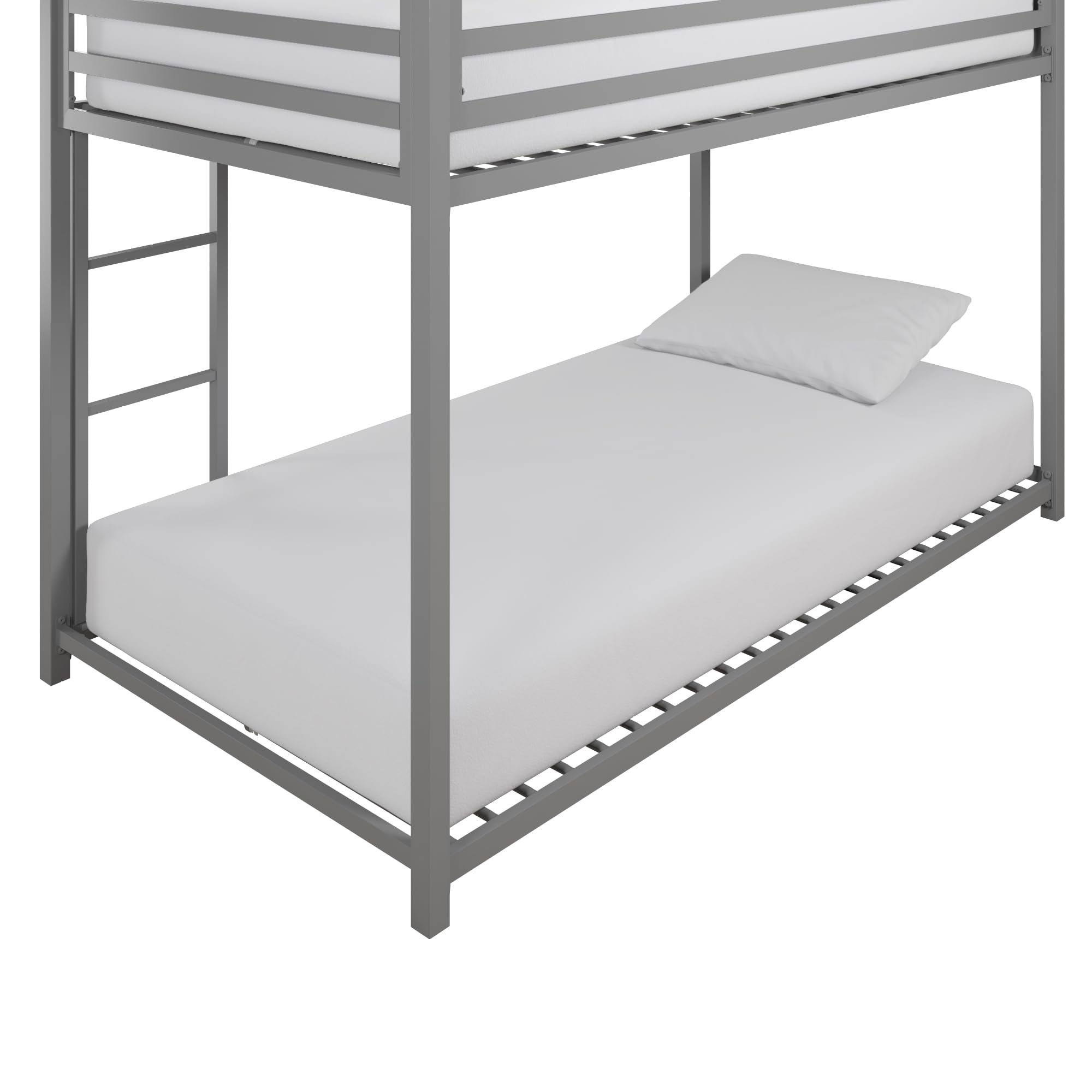 DHP Miles Low Metal Bunk Bed Frame for Kids - Twin Over Twin with Built-in Ladder & High Guardrail | Sturdy Metal Slats, No Box Spring Needed | Space-Saving Design for Small Rooms | Perfect for Kids' Bedrooms, Dormitories & Shared Spaces (Silver)