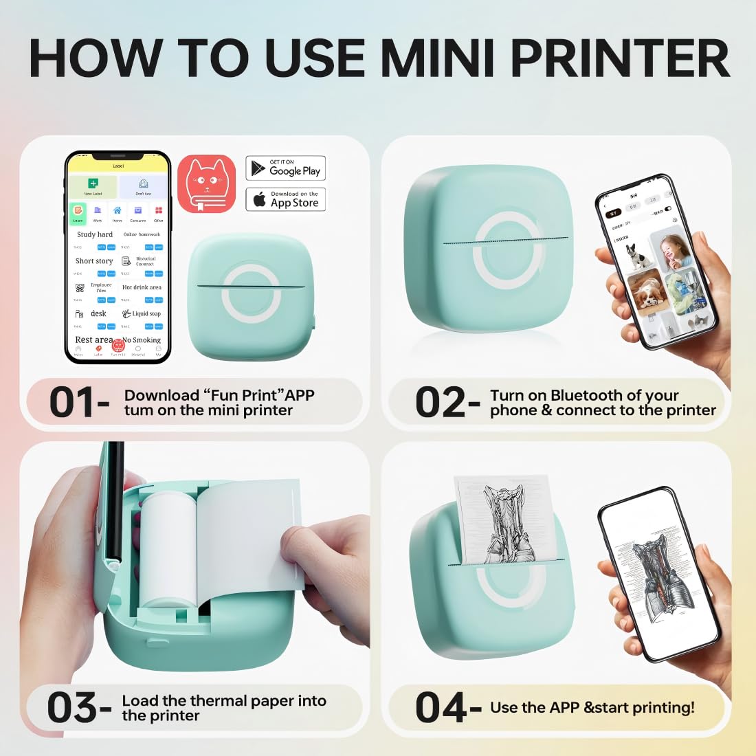 Mini Bluetooth Thermal Sticker Printer with 3 Rolls Paper - Portable Phone Printer for Pictures, Photos & Journals - Wireless DIY Label Maker Compatible with iPhone, Android & Tablets | Perfect for Study Notes, Scrapbooking & Home Organization