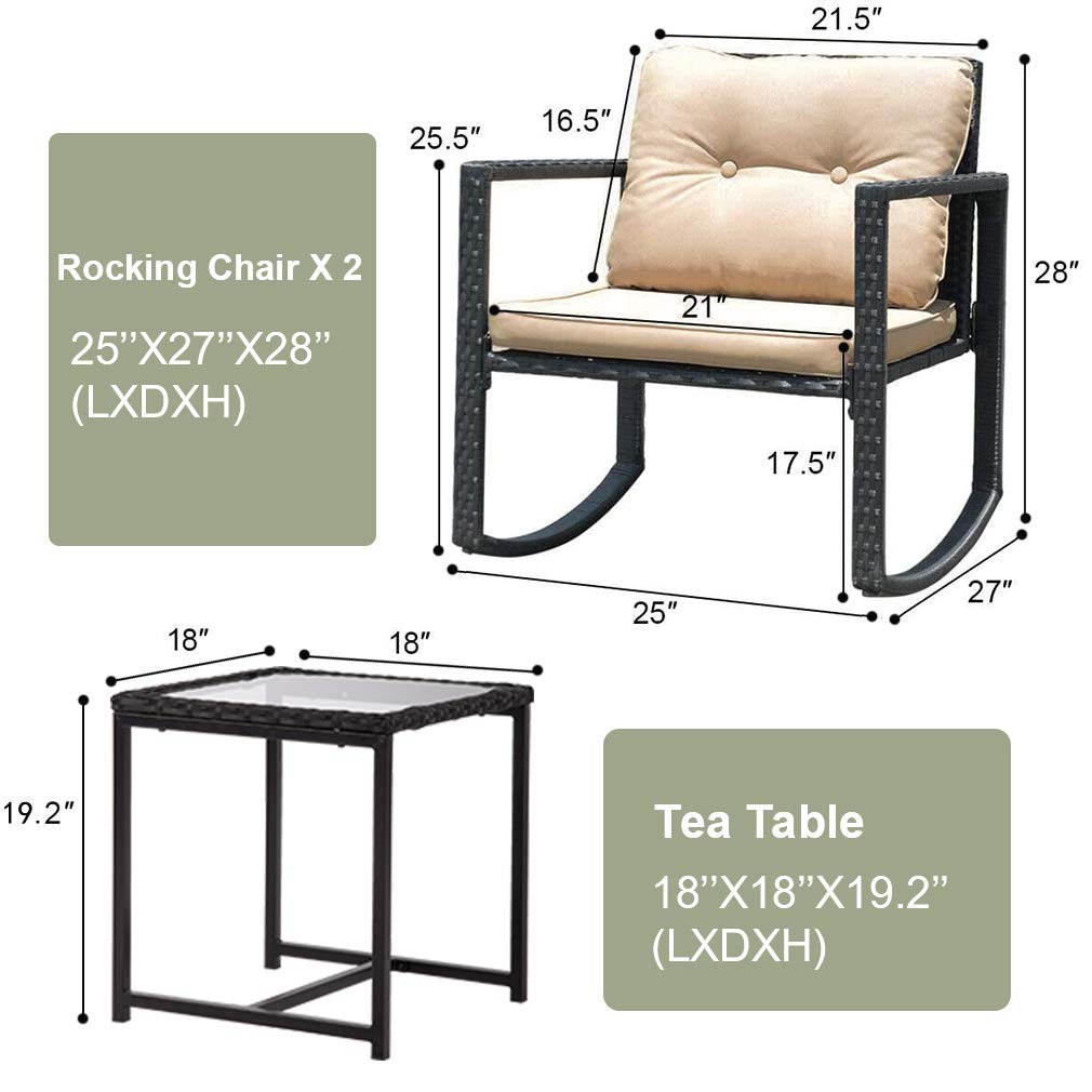 Vnewone 3-Piece Outdoor Patio Furniture Set - Black Wicker Rocking Chairs with Coffee Table, Rattan Bistro Set for Garden, Yard, and Outdoor Conversation Areas - Perfect for Relaxing, Entertaining, and Enjoying Your Backyard Space