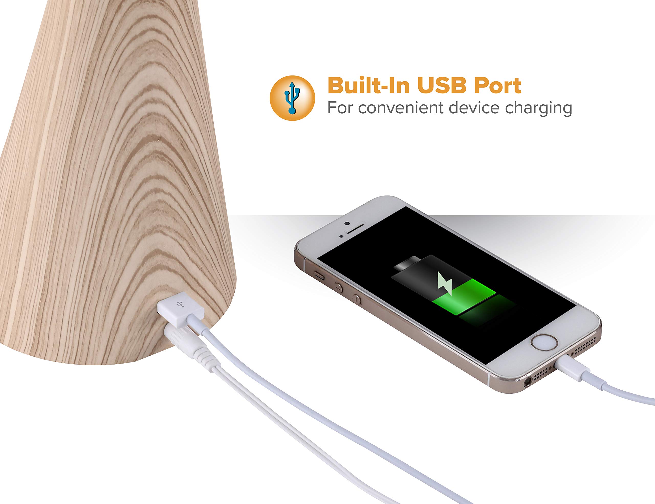 Adjustable Wood Grain Desk Lamp with 3 Brightness Levels & USB Charging Port - Perfect for Home Office, Study, and Bedroom Reading (VLED1701-W)