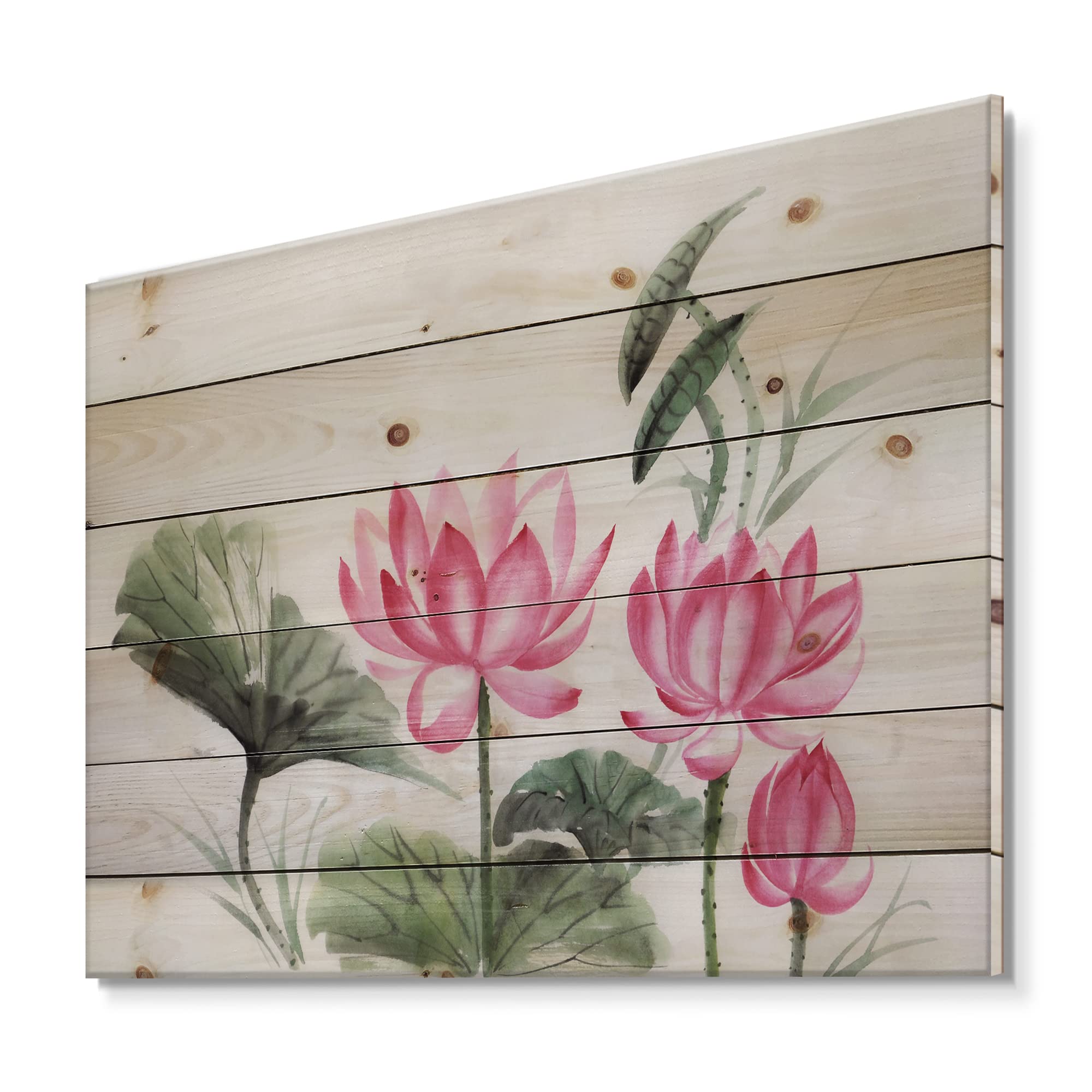Vintage Pink Lotus Pond Wood Wall Art - Traditional Floral Pine Wood Decor, Large Hand-Painted Wall Panel for Living Room, Bedroom & Office Décor