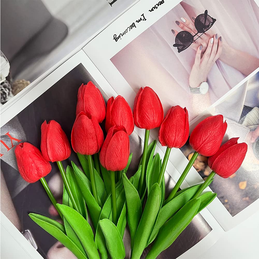 10 Pcs Realistic PU Touch Tulip Artificial Flowers - Red Fake Tulip Bouquet for Home, Office, Wedding, Party & Event Decorations - Perfect for Centerpieces, Table Arrangements & DIY Floral Projects