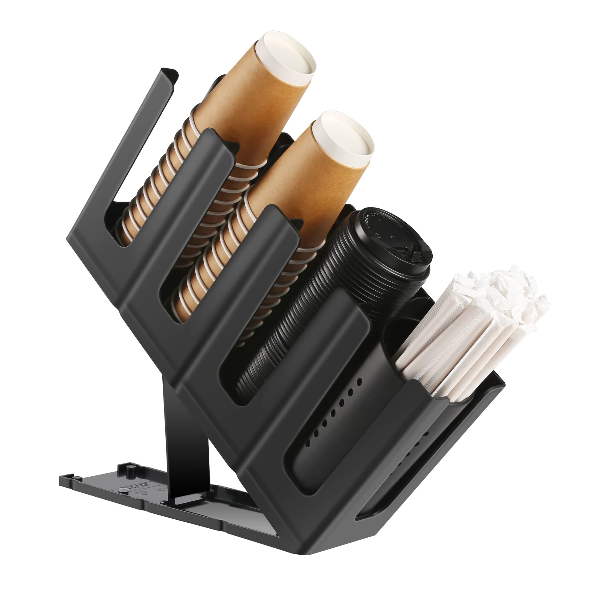 Black Disposable Coffee Cup and Lid Holder with Straw Organizer - Countertop Dispenser for Coffee Station, Bar, Restaurant & Breakroom - Perfect for Quick Service, Office Coffee Setup & Home Use