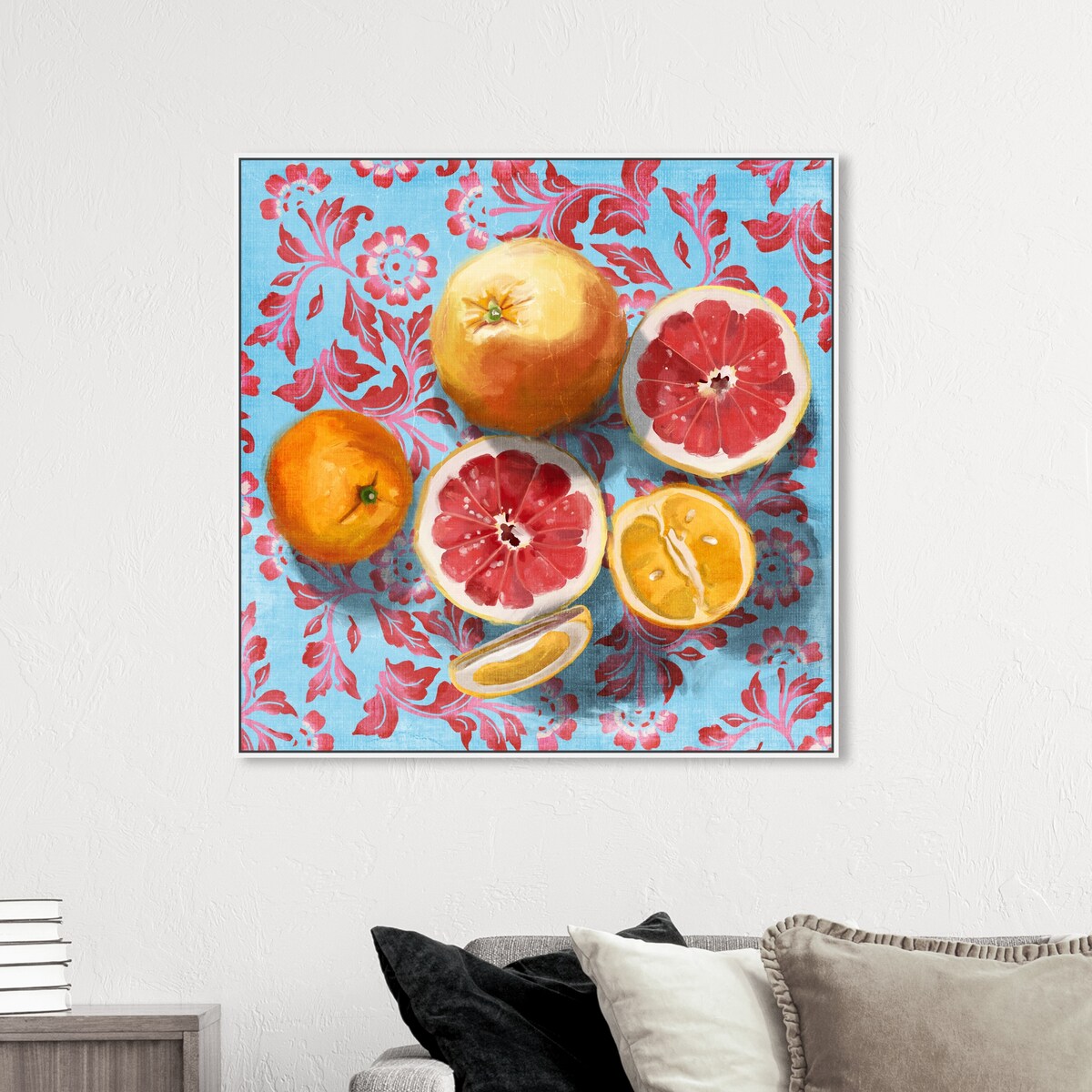 Tropical Citrus Still Life Blue Framed Canvas Wall Art Print - Sour Fruit Kitchen Decor for Cabin & Lodge - Perfect for Farmhouse, Dining Room & Country Style Homes