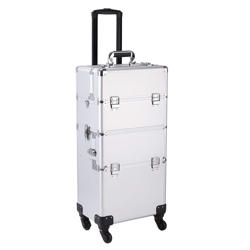 3 in 1 Professional Rolling Makeup Train Case - Aluminum Cosmetic Organizer with 4 Removable Wheels & Lockable Keys (Silver) | Perfect for Makeup Artists, Hairstylists & Beauty Professionals On-The-Go