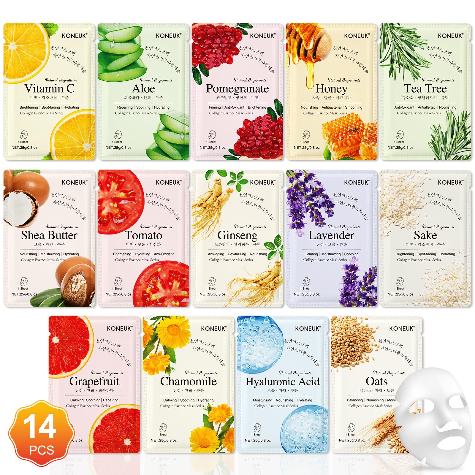 14 Pack Hydrating Sheet Face Masks for All Skin Types - Sensitive Skin Friendly Facial Mask Set for Women | Daily Skincare, Spa Treatment & Gift Idea