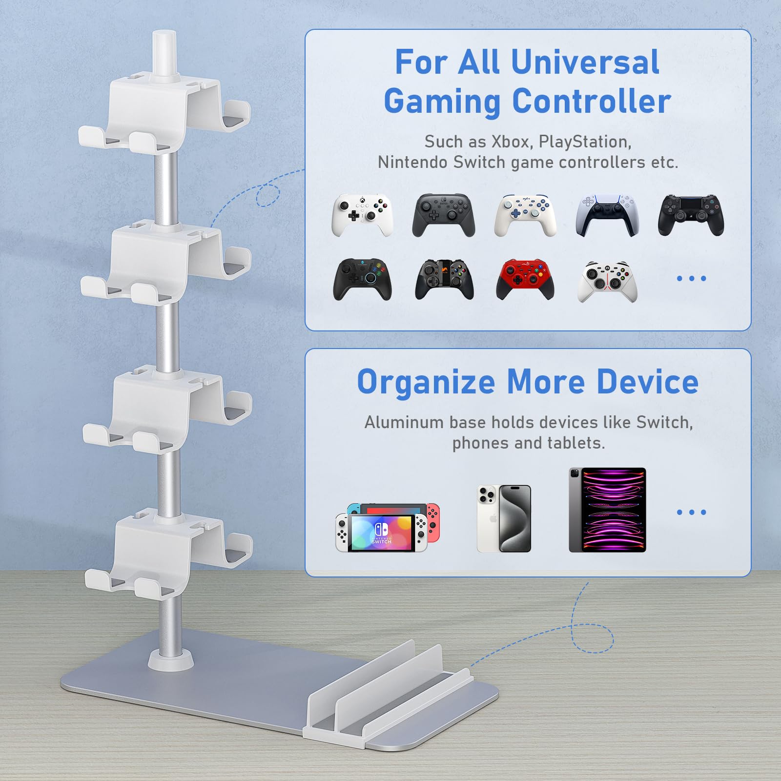 MANMUVIMO Controller Holder for Xbox PS5 PS4 Switch - 8 Gaming Controller Stand Desk Organizer with Headset/iPad/Mobile Phone Storage - Perfect Gaming Room Accessories & Gifts for Gamers (White) - Ideal for Game Room Setup, Desk Organization & Gamer Gifts
