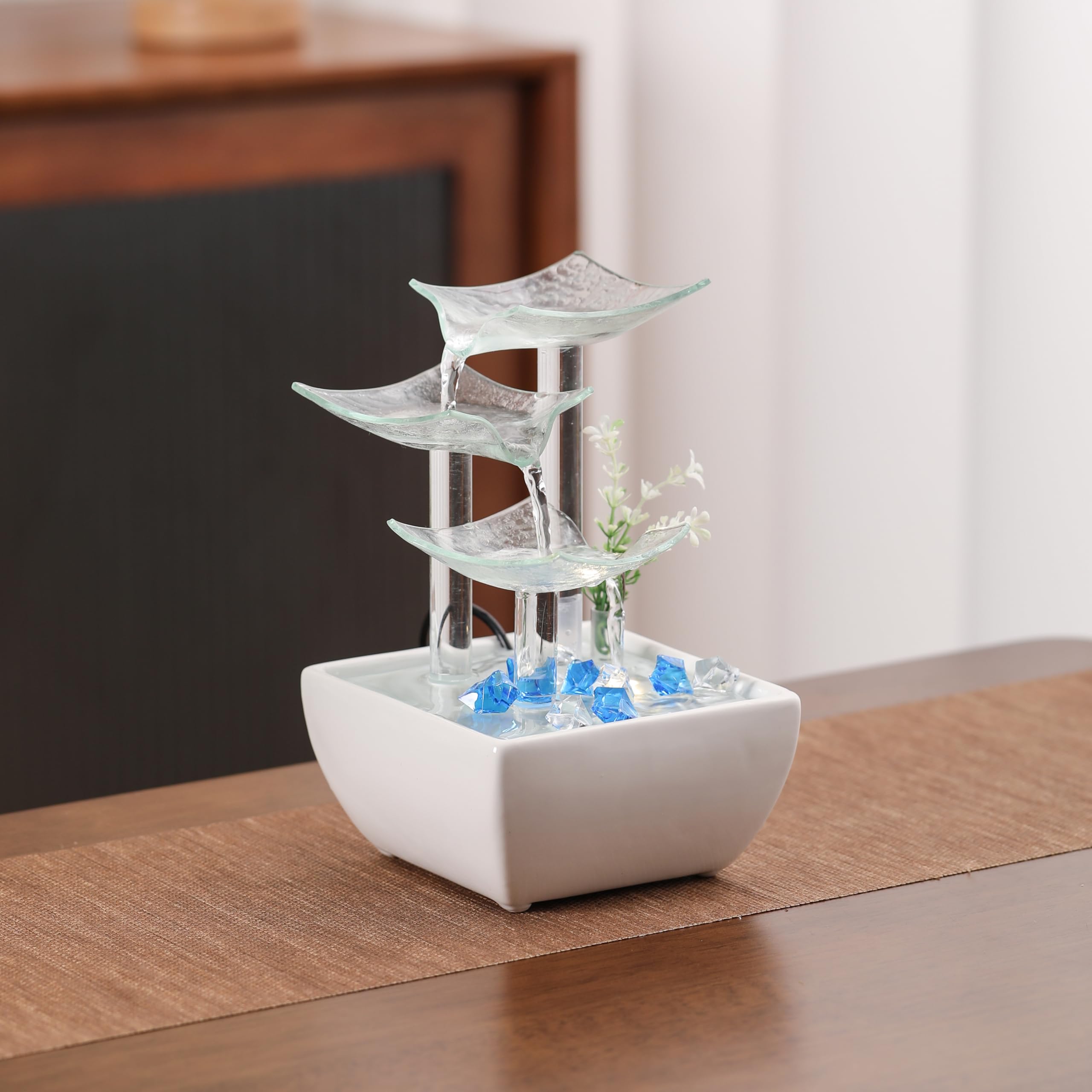 Ceramic and Glass Tabletop Fountain - Indoor Home Decor for Desk, Office & Patio - Relaxing White Water Feature for Stress Relief & Zen Ambiance