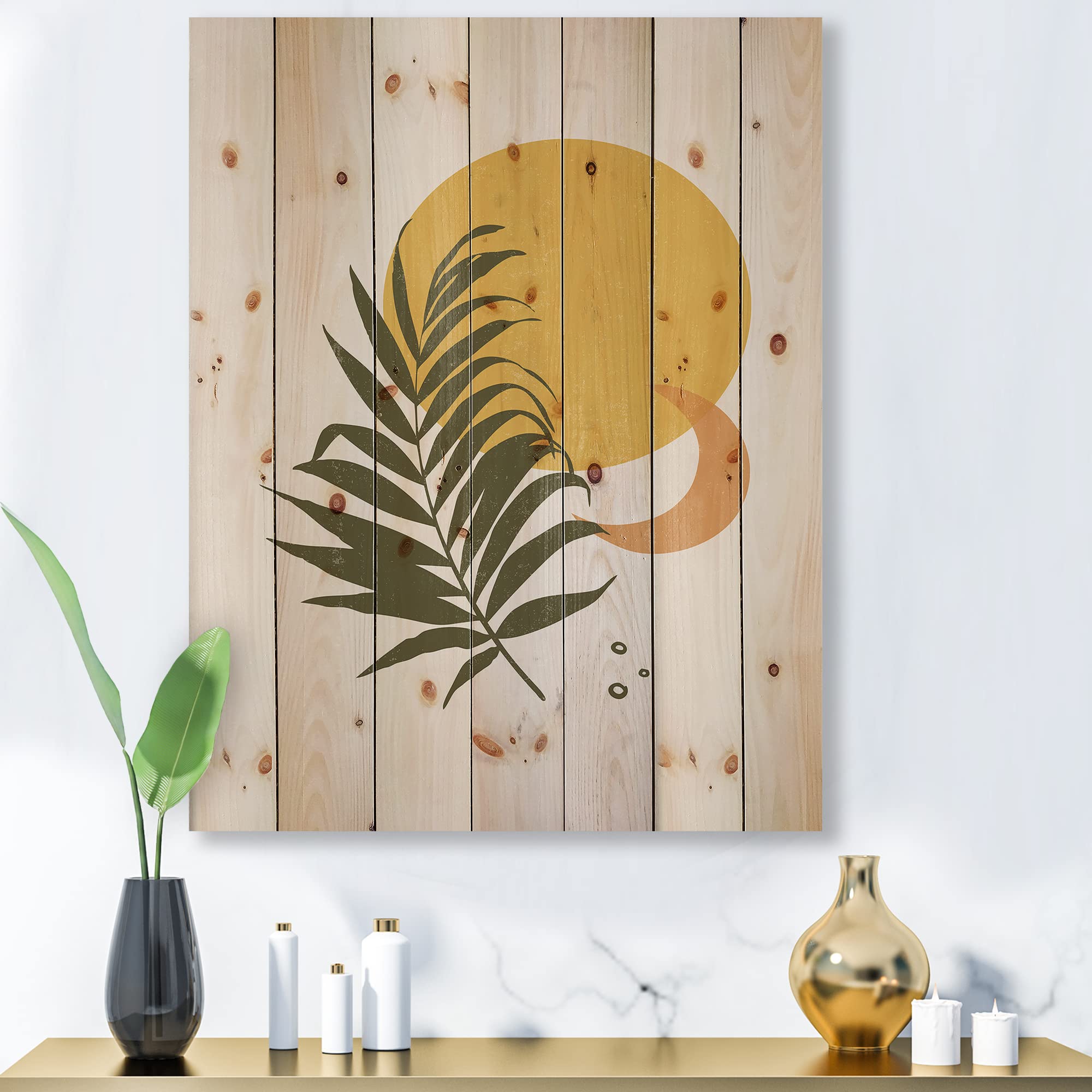 Abstract Sun & Moon Wood Wall Art - Tropical Leaf Decor for Living Room