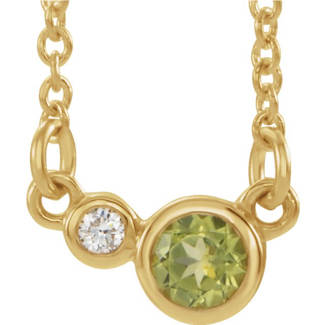 14K Gold 0.30ct Peridot & 0.03ctw Diamond Two-Stone Bezel Set Necklace for Women - Elegant Birthstone Jewelry Gift for Anniversary, Birthday or Special Occasion