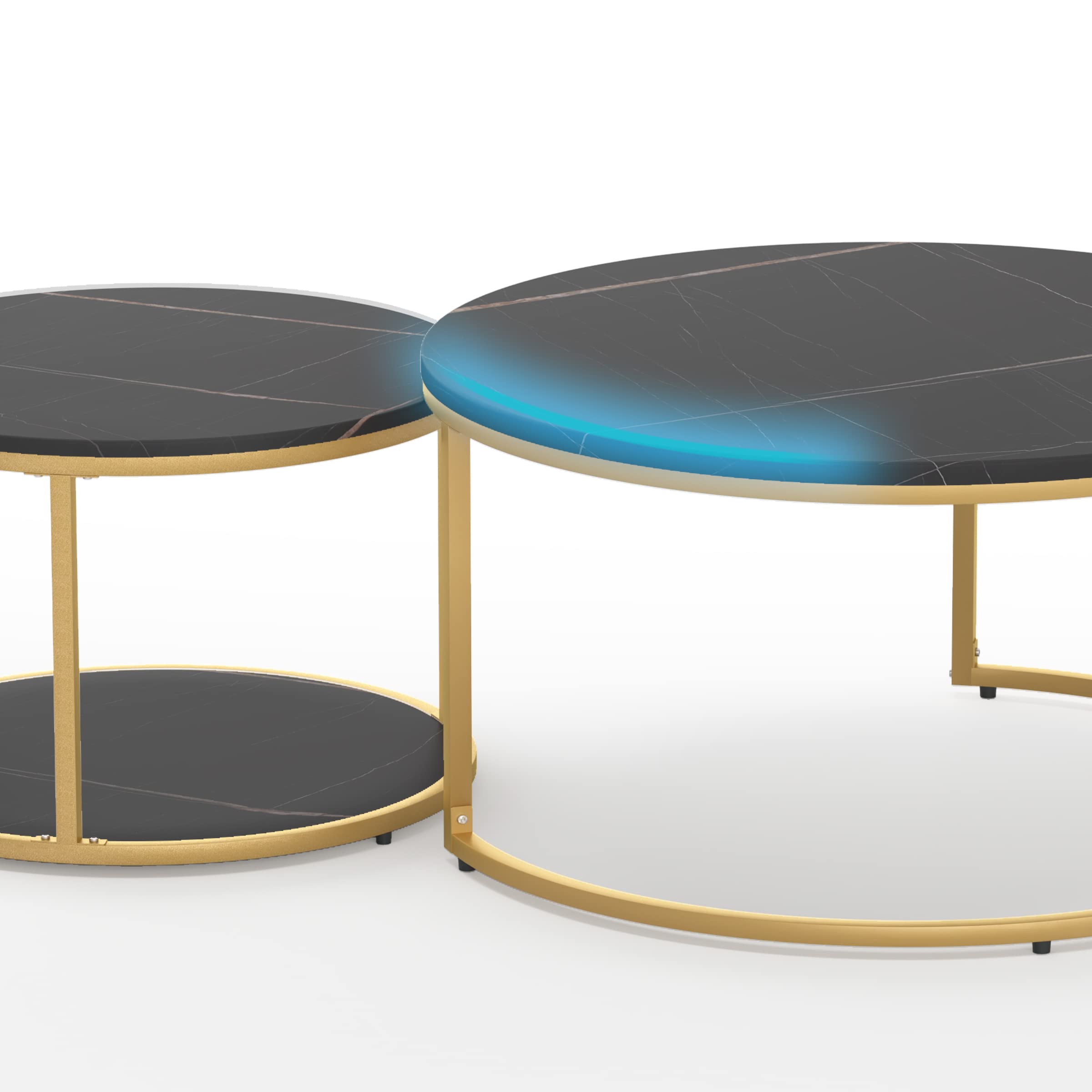 Modern Round Nesting Coffee Table Set of 2 - 34 Inch Wooden Circle Accent Tables with Gold Metal Frame for Living Room, Balcony & Office - Easy Assembly Black & Black - Perfect for Small Spaces, Home Decor & Coffee Time