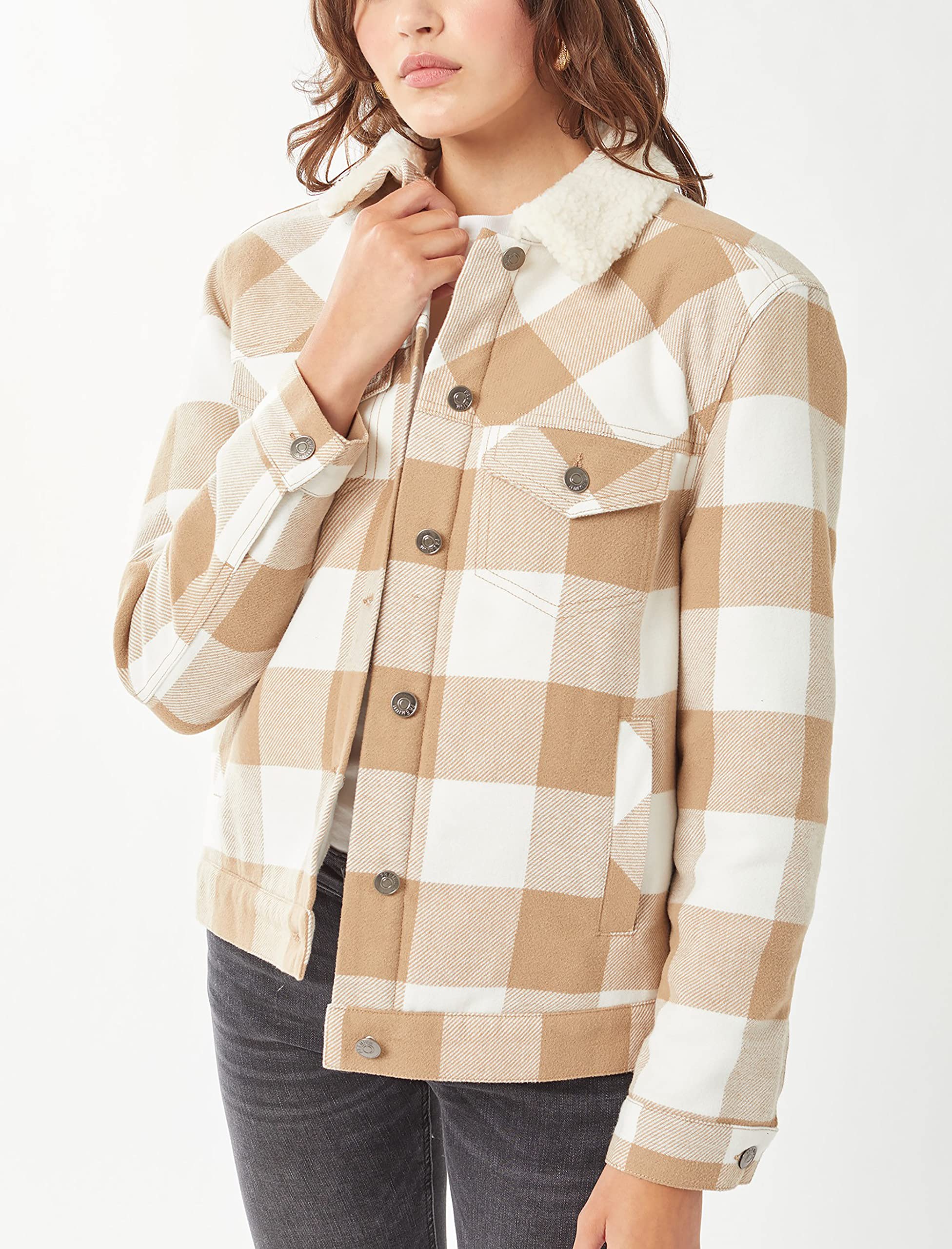 Women's Faux Fur Plaid Jacket - Warm Sherpa Fleece Button Down Coat for Winter | Cozy Outerwear for Casual Outings & Outdoor Activities