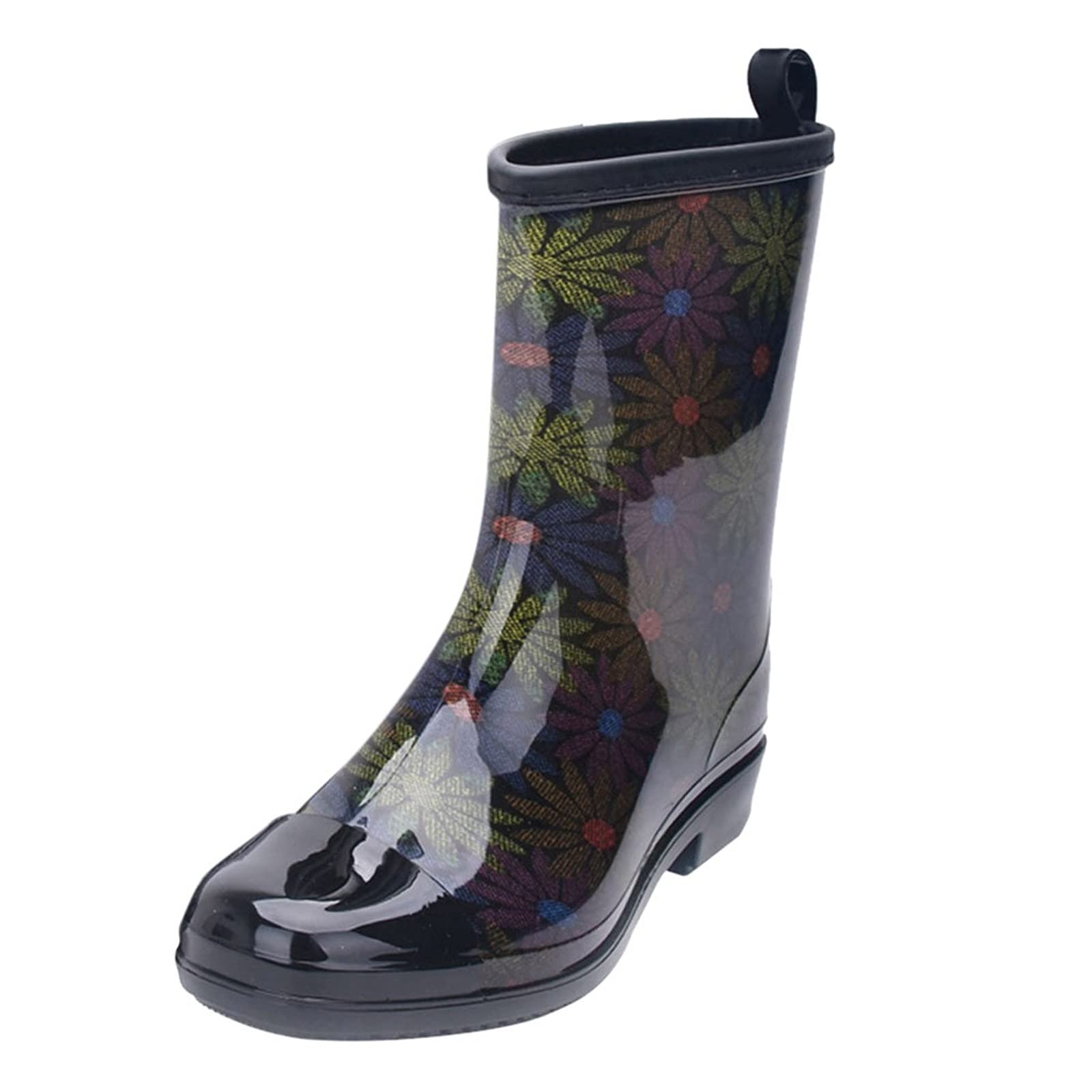 Women's Printed Tall Waterproof Rain Boots - Slip Resistant Chelsea Ankle Booties for Gardening, Hiking & Outdoor Activities
