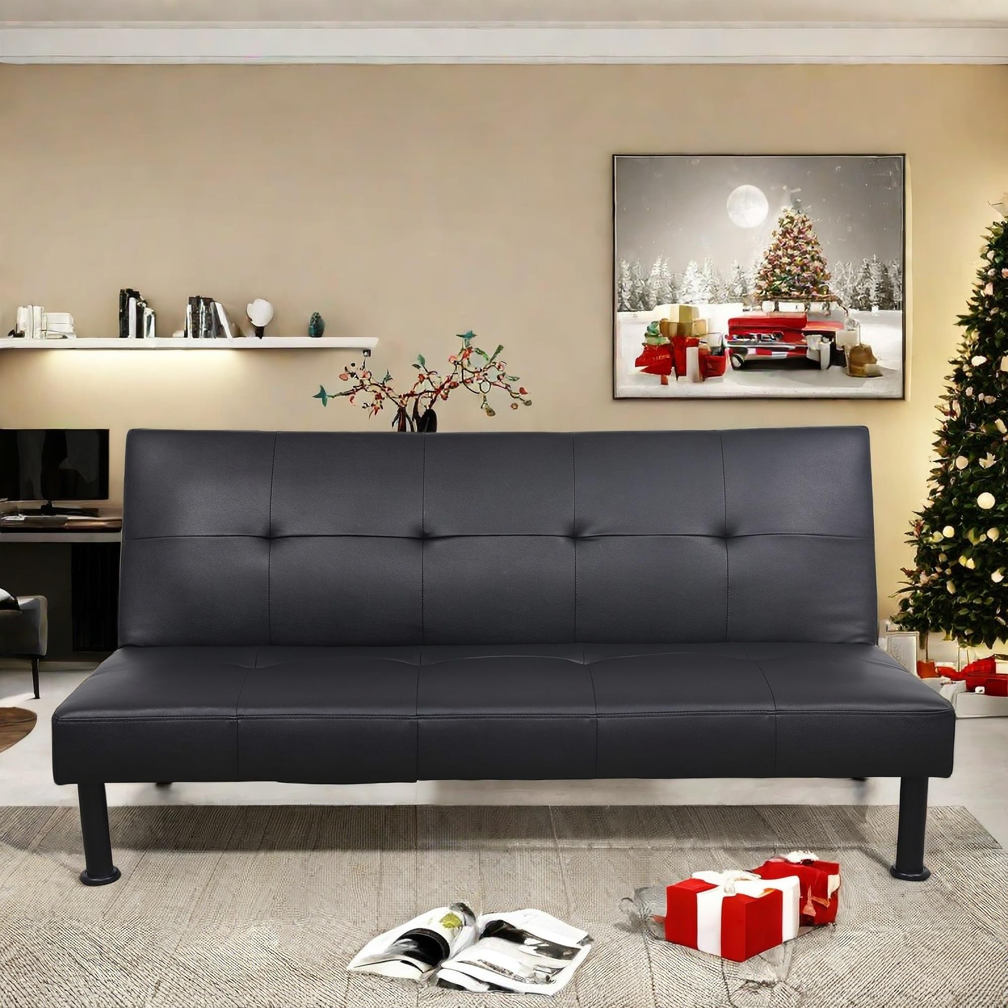 Modern Leather Futon Sofa Bed - Convertible Folding Couch with Adjustable Backrest, 64