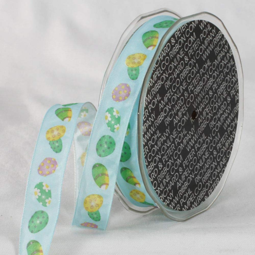 Blue Easter Egg Wired Taffeta Craft Ribbon - 0.6 Inch x 27 Yards for DIY Decorations, Gift Wrapping, Easter Baskets & Spring Crafts