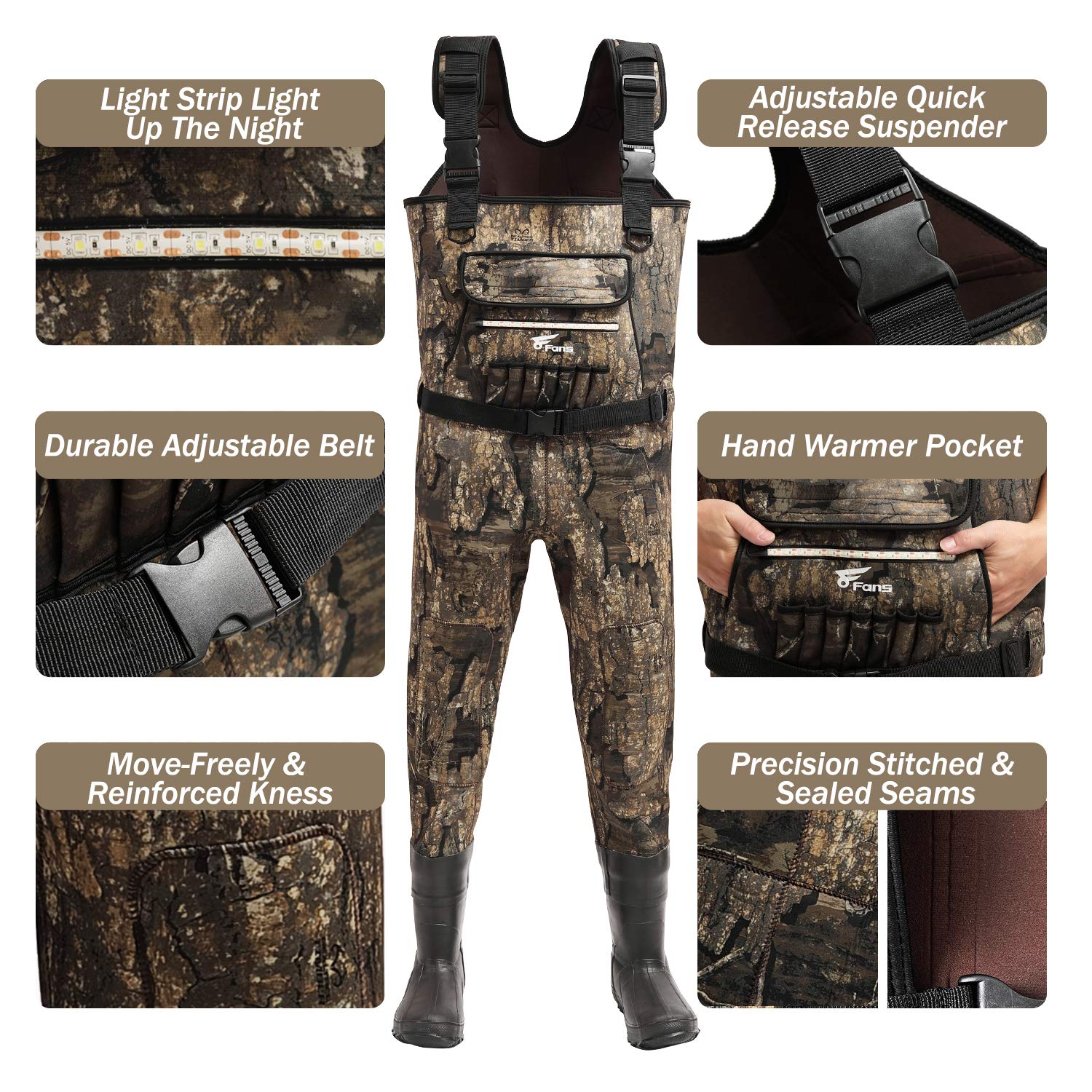 **8 Fans Chest Waders for Men - 600G Insulated Waterproof Neoprene Bootfoot Hunting Waders (Realtree Timber Camo) - Ideal for Duck Hunting, Fishing & Outdoor Adventures**