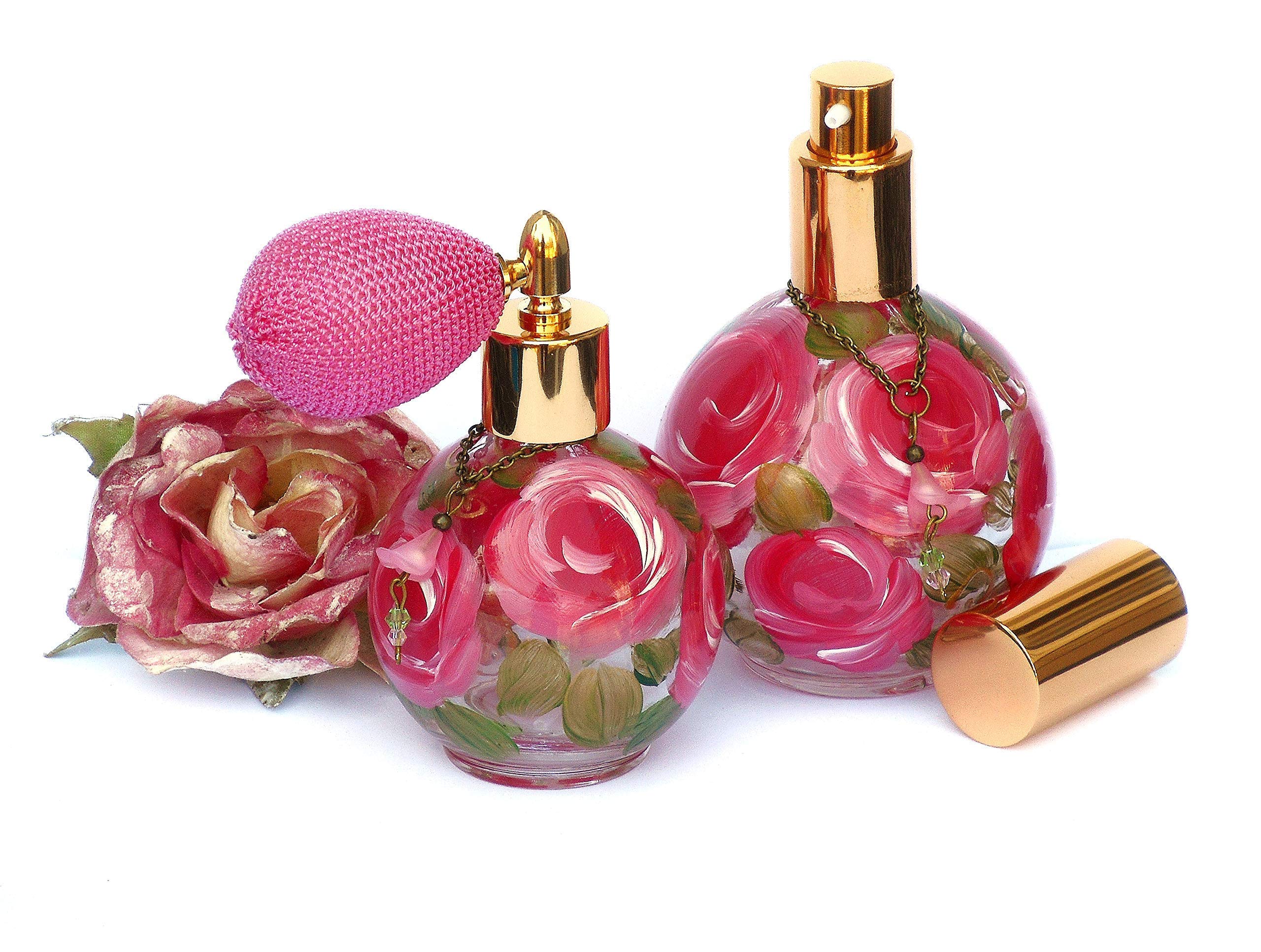 Hand Painted Pink Roses Glass Perfume Bottle with Pump - Romantic Round Soap Dispenser for Bathroom Decor | Shabby Chic Vanity Organizer, Gift for Her, Home Fragrance Essential Oil Sprayer
