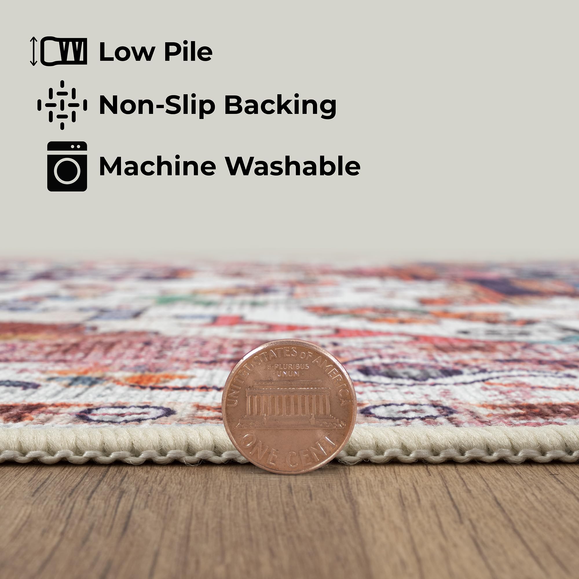 GLN Rugs Traditional Collection - Machine Washable Non-Slip Low Pile Chenille Area Rug for Living Room, Bedroom & Kitchen (2'6