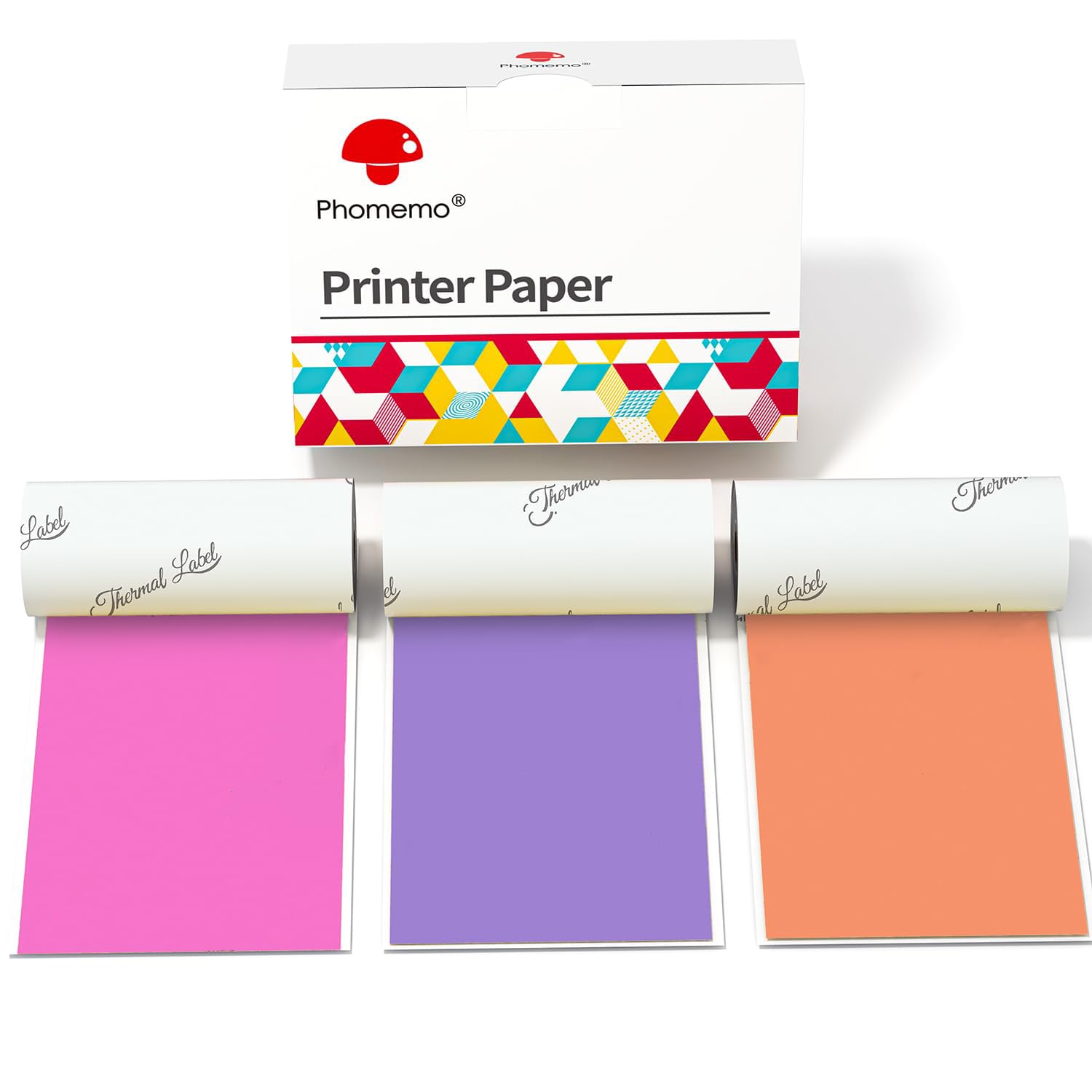 Phomemo Colorful Thermal Sticker Paper - Self-Adhesive Printer Paper for Phomemo M02/M02S/T02/M832 Thermal Printers - Black on Purple/Rose/Orange - 3 Rolls (50mm x 3.5m) - Perfect for Labeling, Organizing, and DIY Crafts