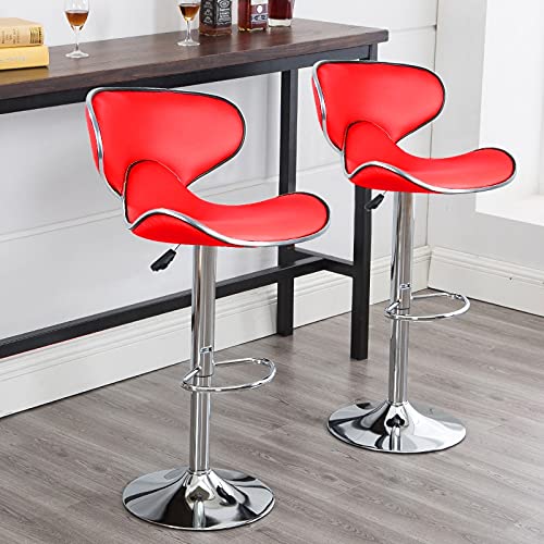 2-Pack Adjustable Height Swivel Bar Stools - PU Leather Lounge Chairs for Home, Office & Kitchen Counter - Modern Red Bar Height Stools for Dining, Entertaining & Workspaces