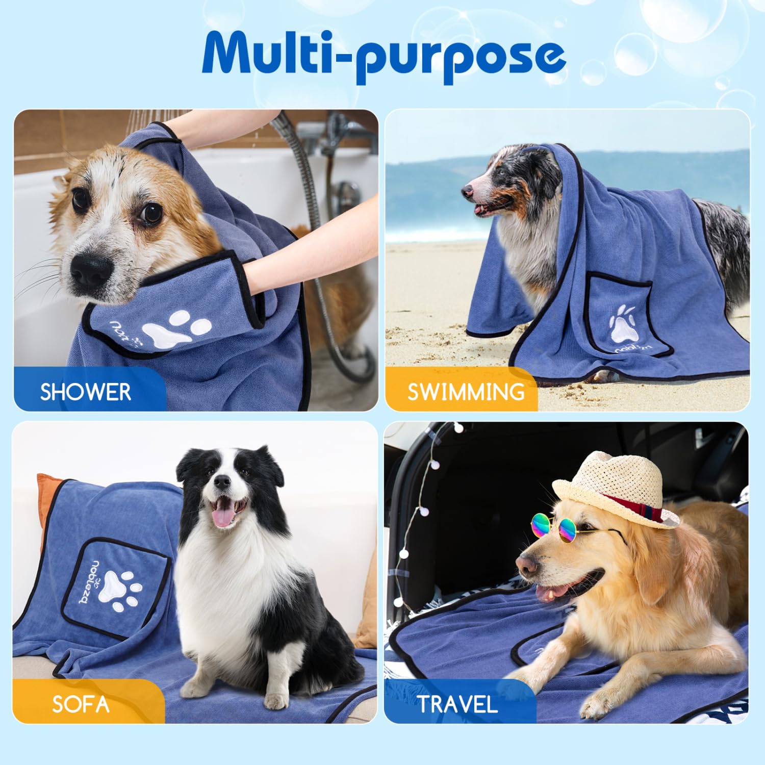 Nobleza Super Absorbent Large Dog Towel with Hand Pockets - Quick Drying Microfiber Pet Towel for Bathing & Grooming - Perfect for Dogs, Cats & Pets After Swimming or Bath Time (Mazarine)
