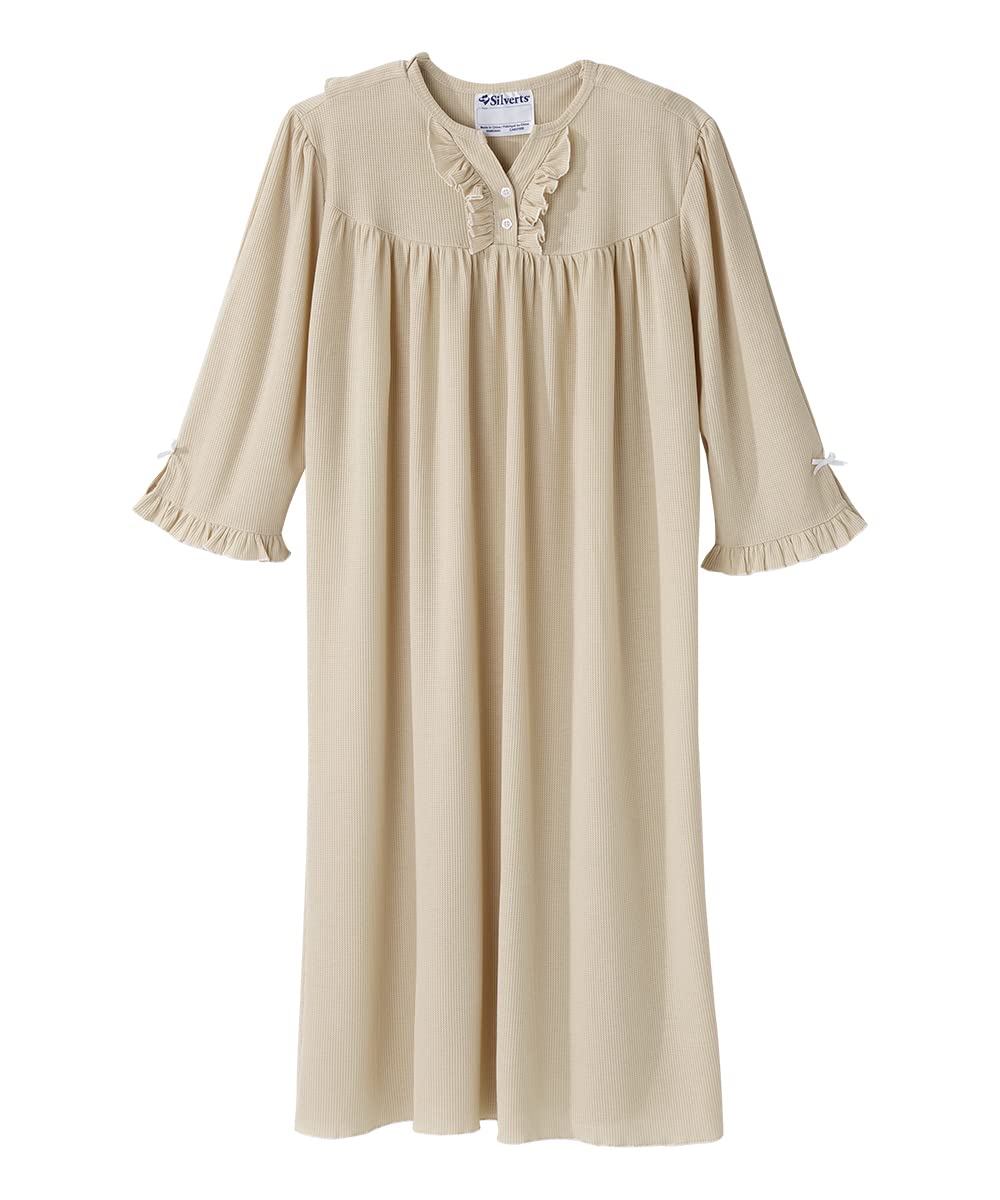 Adaptive Waffle Knit Nightgown for Women - Open Back Hospital Gown with Bows for Seniors & Elderly Care | Comfortable Post-Surgery & Home Recovery Wear