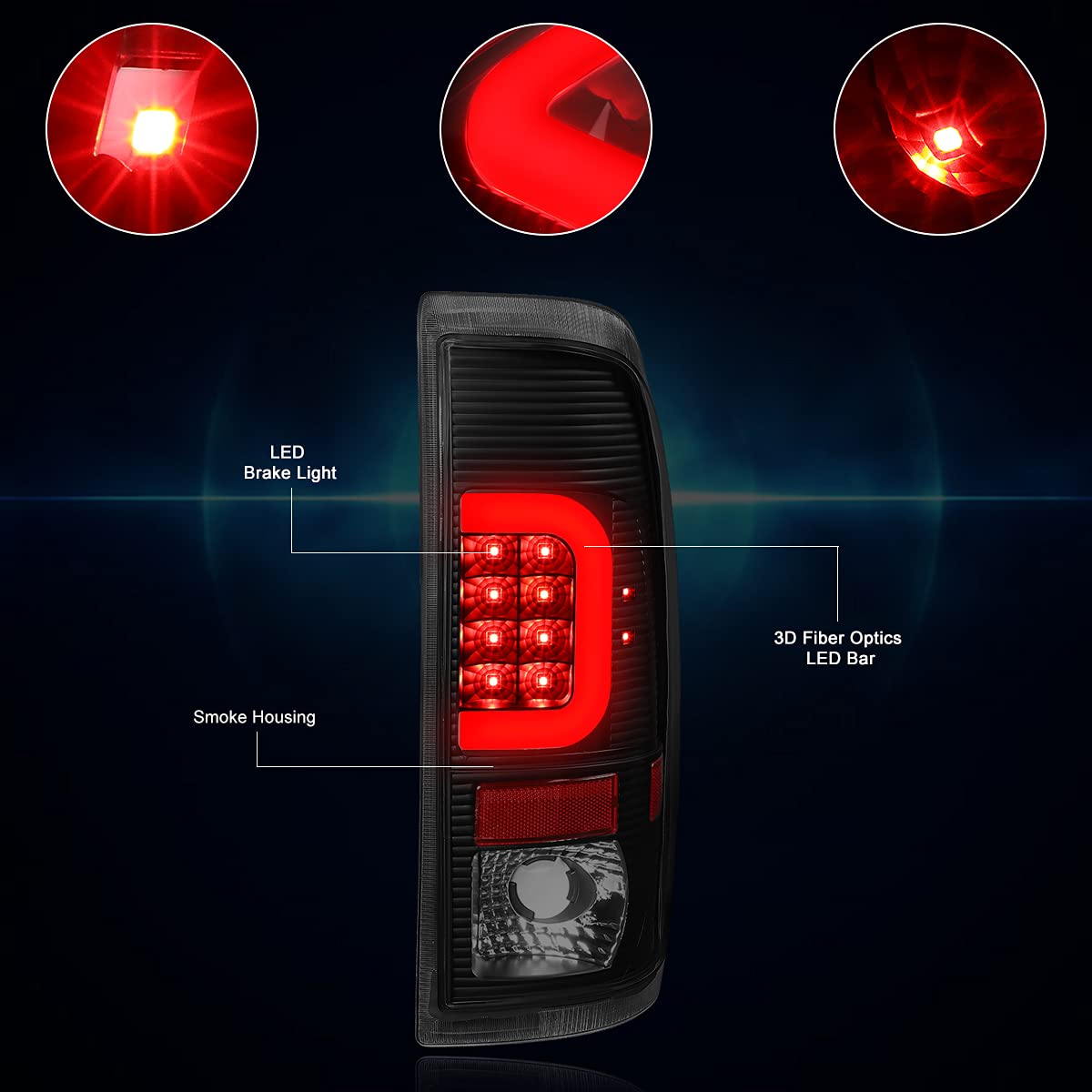3D LED C-Bar Tail Light Rear Brake/Reverse Lamp Tinted for 1997-2007 Ford Super Duty F250 F350 - Durable Waterproof Design for Off-Road & Night Driving
