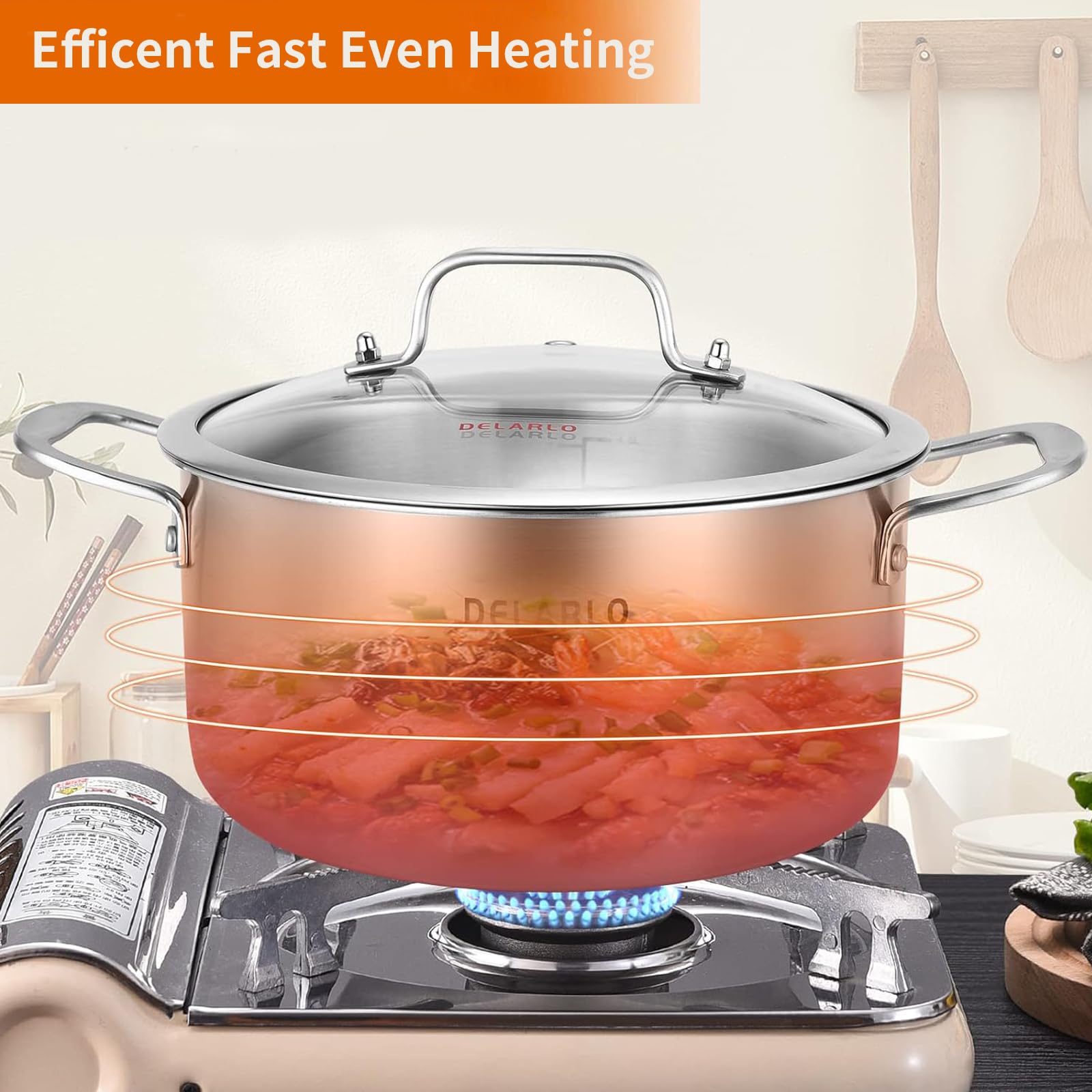 **DELARLO 5 Quart Tri-Ply Stainless Steel Stock Pot with Lid – Heavy Duty Soup & Stew Pot for All Stoves (Up to 600°F) – 20% Fuel Efficient, Fast & Even Heating – Perfect for Soups, Stews, Pasta & Large Family Meals**