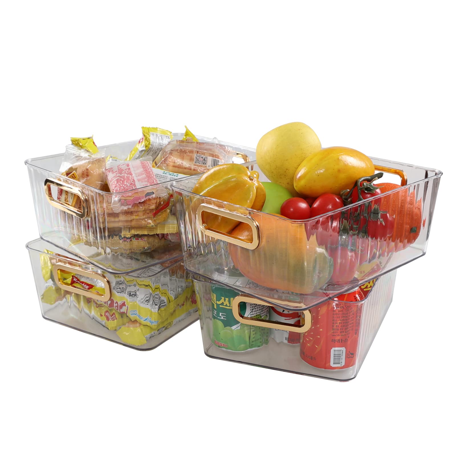 Ortodayes Clear Pantry Organizer Baskets with Handles - Set of 4 for Kitchen Storage, Fridge Organization & Cabinet Decluttering | Perfect for Fruits, Vegetables, Snacks and Pantry Items