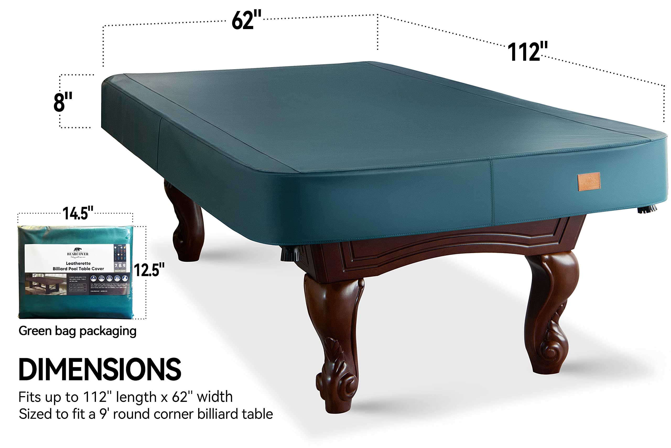 Heavy Duty Leatherette Billiard Pool Table Cover - Waterproof & Tearproof Protection for 7/8/9FT Tables (9FT Malachite Green) - Perfect for Home Game Rooms, Bars, and Pool Halls