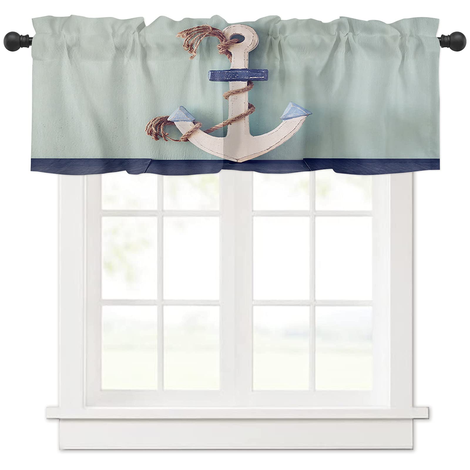 Nautical Anchor Window Valance Curtain - 54x18 Inch Soft & Washable Rod Pocket Valance for Living Room, Kitchen, Bathroom - Ocean Sea Theme Home Decor for Coastal Style & Beach House Interiors
