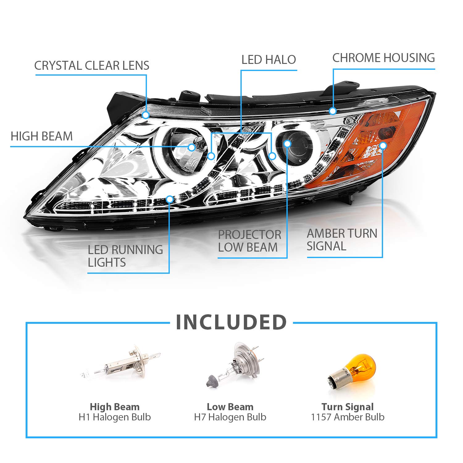 2011-2015 Kia Optima LED Halo Projector Headlights - AmeriLite Xtreme Chrome Replacement Set (Driver & Passenger Side) - Upgrade for Night Driving & Enhanced Visibility