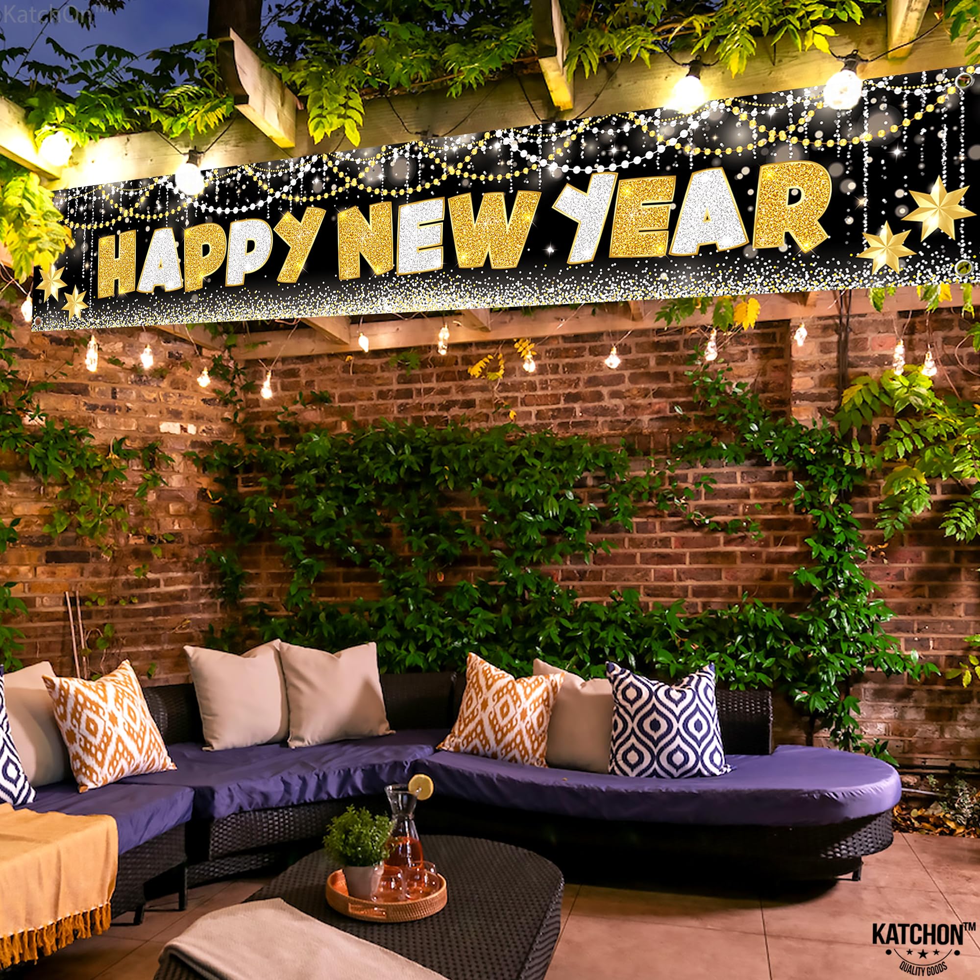 KatchOn 2025 Happy New Year Banner - Extra Large 120x20 Inch NYE Yard Sign | Outdoor & Indoor New Year's Eve Party Decorations 2025 | Durable Vinyl New Years Banner for Backyard, Front Lawn & NYE Party Supplies | Perfect for Home, Office & Holiday Celebrations