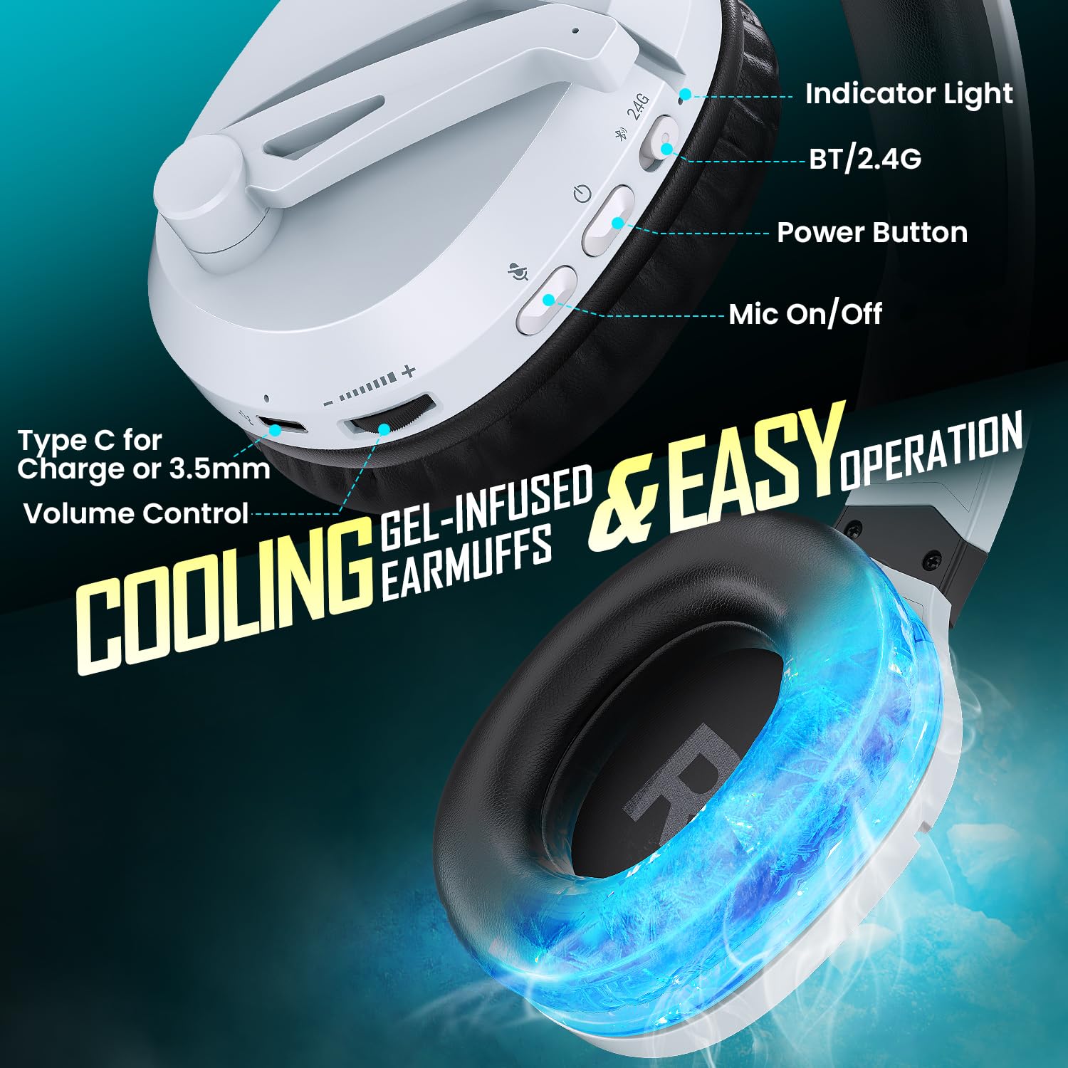 Wireless Gaming Headset with Noise Canceling Mic for PS5, PC, PS4 - 2.4G/Bluetooth Headphones with USB & Type-C - Wired Controller Mode - White - Perfect for Competitive Gaming & Online Chat