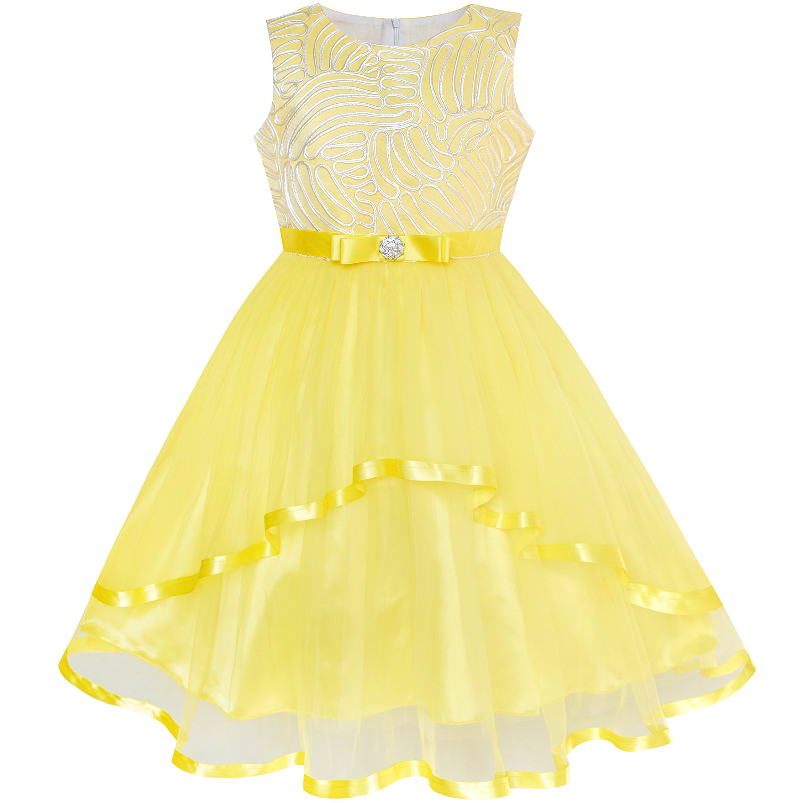 Sunny Fashion Floral Flower Girls Dress with Blue Belt - Wedding Party Bridesmaid Dress Size 4-12 for Special Occasions & Photo Shoots