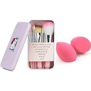 7-Piece Pink Makeup Brush Set with 2 Beauty Blenders - Soft Bristles for Women & Girls - Perfect for Foundation, Blending & Contouring (Pack of 9)