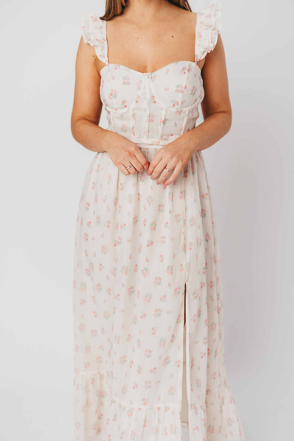 Rosamund Bustier Style Maxi Dress - Blush Pink Floral Print, Plus Size (S-3XL) | Elegant Wedding Guest, Summer Party & Formal Occasion Outfit