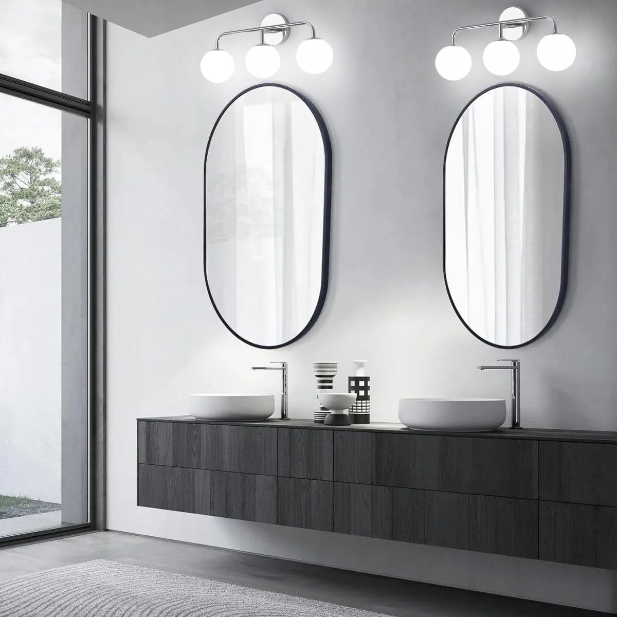 Mid-Century Modern Chrome Bathroom Vanity Lights - 3-Light Mirror Lighting for Elegant Bathrooms