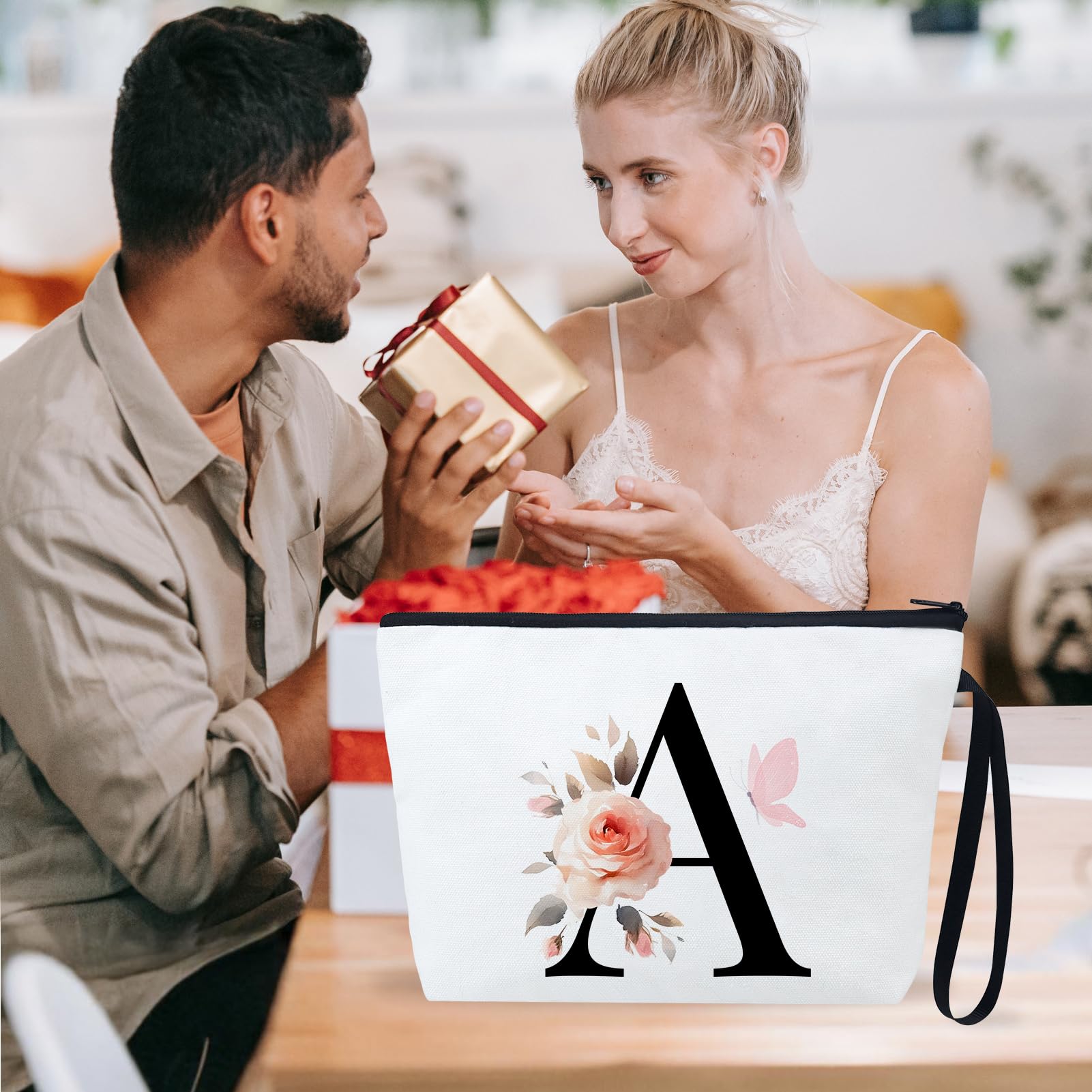 Personalized Initial Makeup Bag - 12OZ Canvas Cosmetic Pouch with Floral Butterfly Design (Letter J) | Travel Toiletry Organizer for Women, Perfect for Gym, Vacation & Daily Use