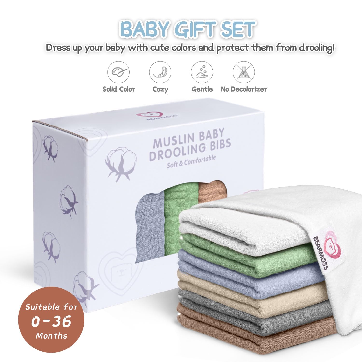 Bearmoss 100% Cotton Muslin Baby Bibs 6-Pack - Soft Absorbent Drool Bibs for Newborns, Infants & Toddlers - Unisex Bandana Bibs for Boys & Girls - Perfect for Teething, Feeding & Everyday Use