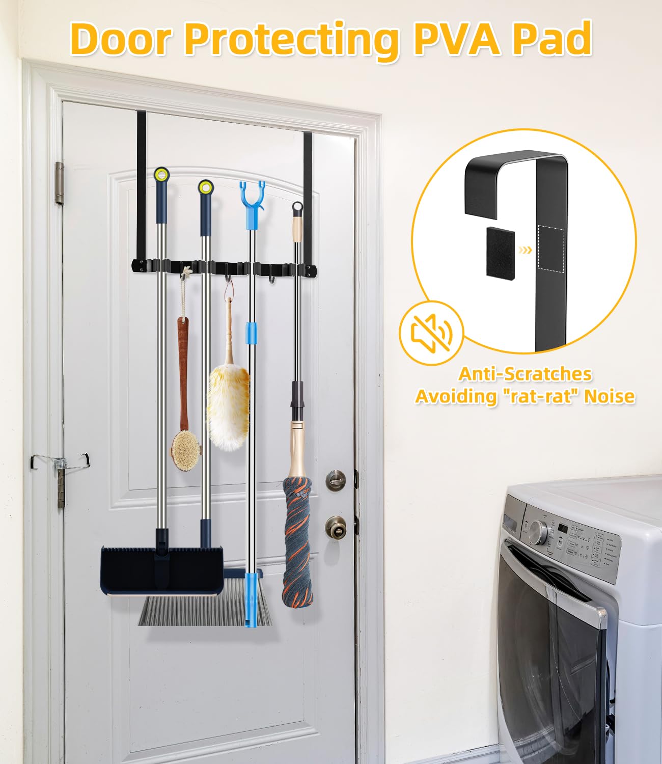 Stainless Steel Broom Holder - Over The Door or Wall Mounted Mop & Broom Hanger with Hooks - Heavy Duty 304 Steel Broom Storage Organizer for Garage, Closet, Laundry Room - Perfect for Cleaning Tools Organization