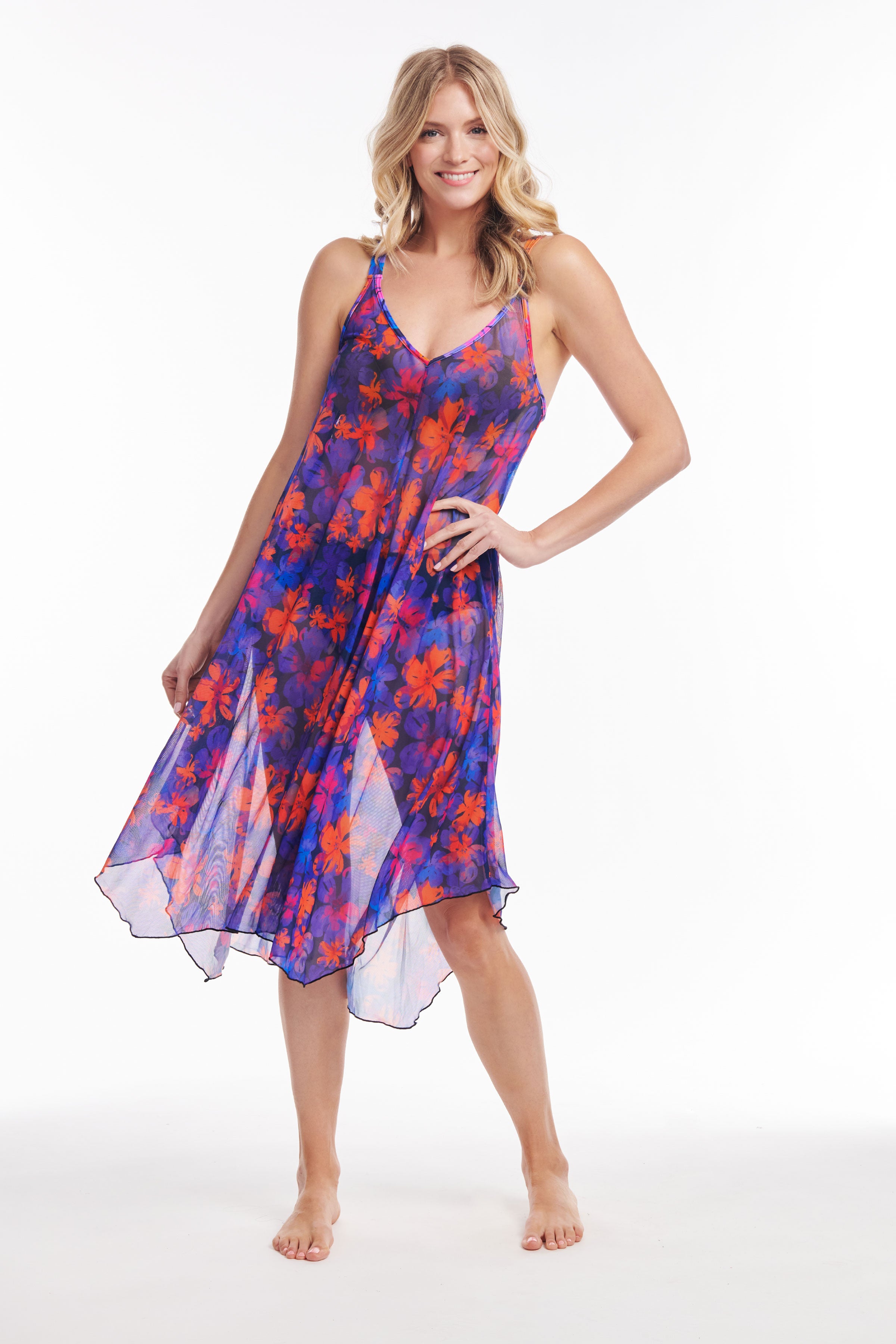 Iridescent Blooms Mid-Length Flowy Mesh Coverup Tank Dress - Perfect for Beach, Pool, and Summer Outings