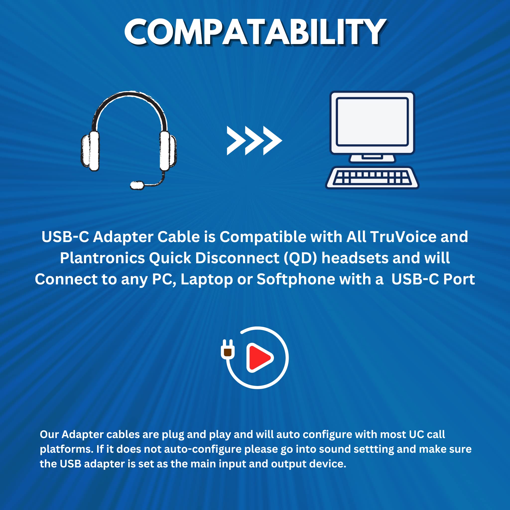 Plantronics Wired Headset QD to USB-C Adapter Cable with One-Touch Mute & Volume Control - Compatible with Any QD Headset for Office, Call Center & Remote Work
