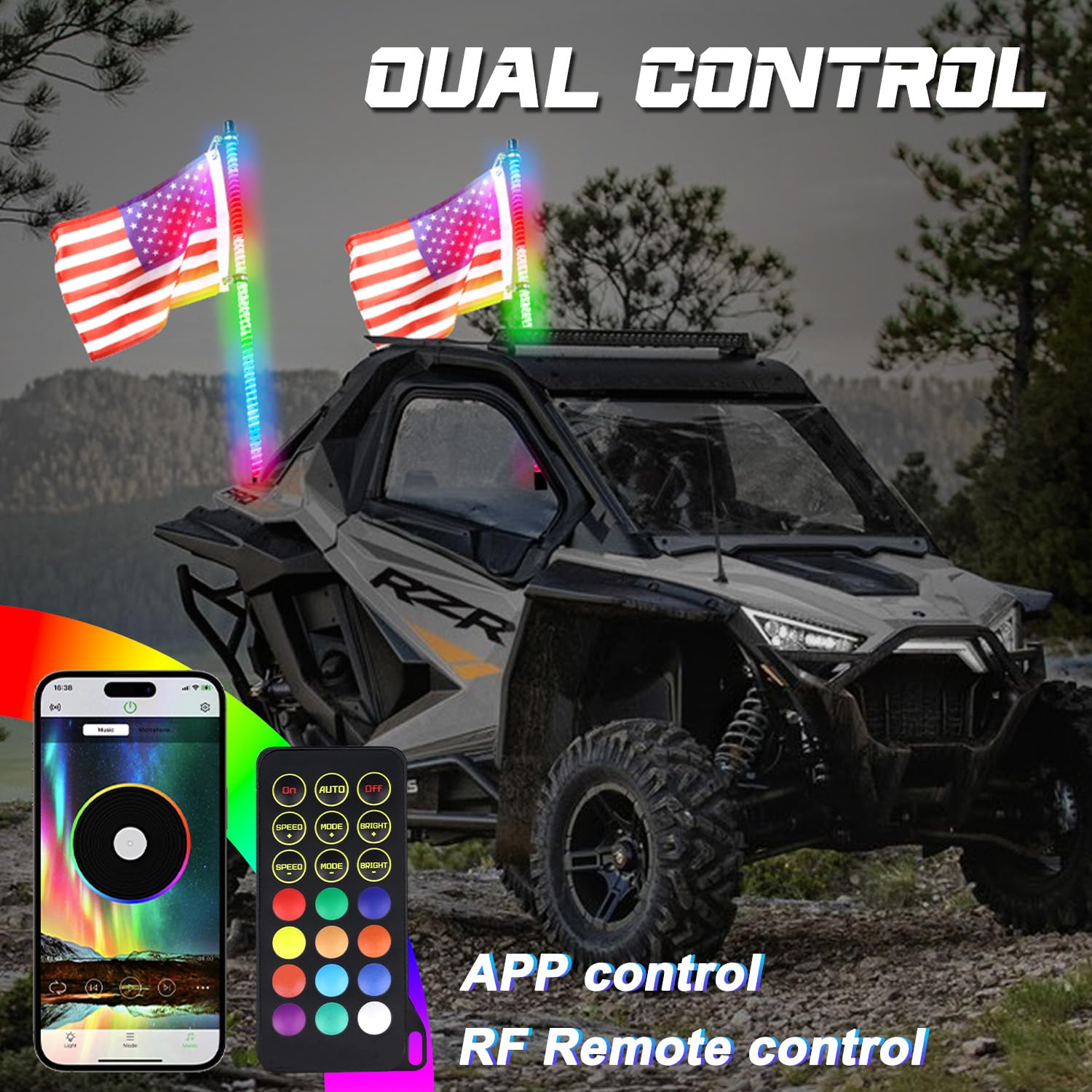 2PCS 4FT Upgraded COB LED Whip Lights - 16 Color Modes, Bend & Weather Resistant for ATV/UTV, Polaris RZR, Can-Am - Perfect for Off-Road Adventures, Night Riding & Outdoor Camping