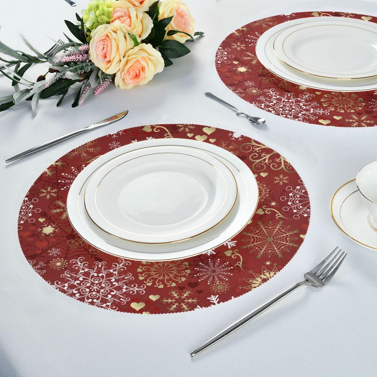 4 Pack Red and Gold Snow Christmas Round Placemats - Washable Farmhouse Style Dining Table Mats for Kitchen, Indoor & Outdoor Use - Perfect for Holiday Parties, Family Gatherings and Festive Decorations