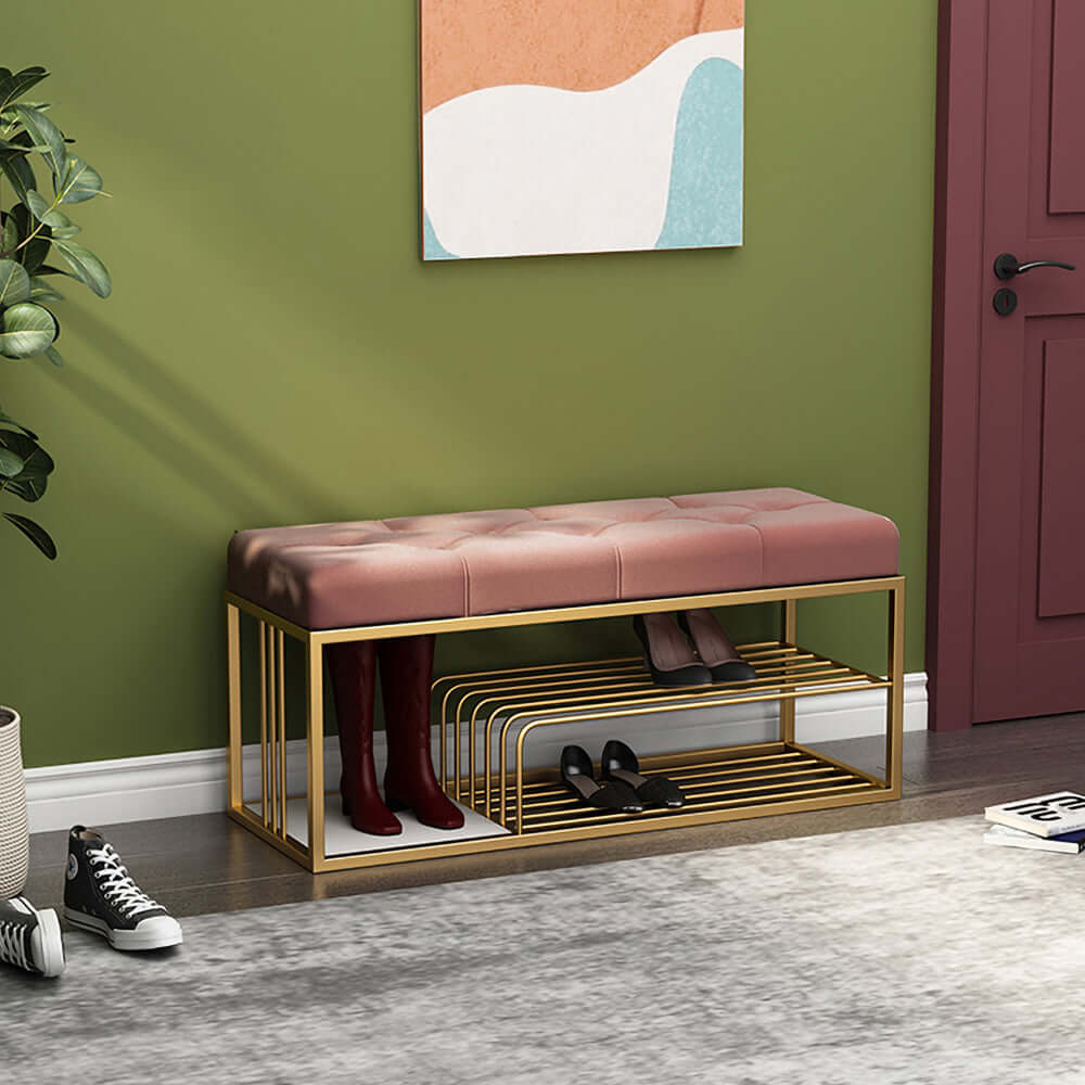 Velvet Upholstered Storage Bench - Pink Entryway Bench with Cushion | Perfect for Bedroom, Living Room & Hallway Organization