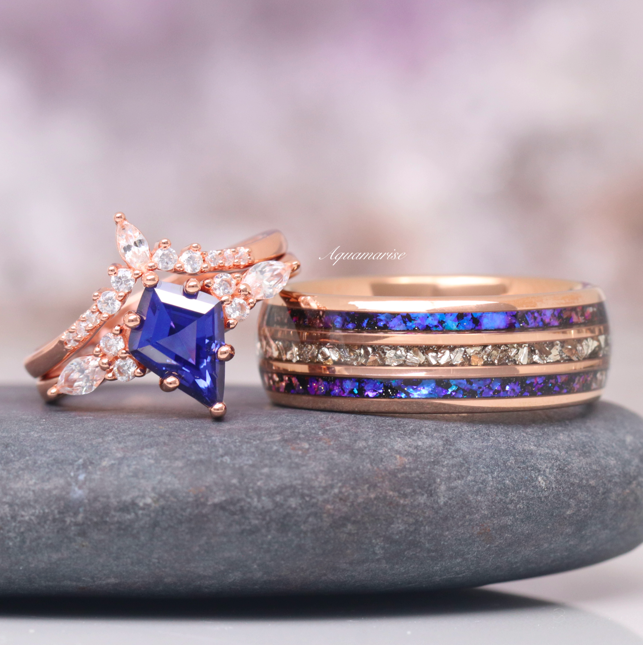 Skye Kite™ Cornflower Sapphire and Diamond Engagement Ring Set in 14K Solid Rose Gold - Perfect for Proposals, Anniversaries & Romantic Gifts